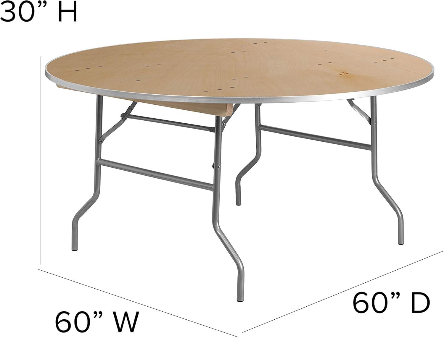 Elegant 60" Round Birchwood Folding Banquet Table with Silver Metal Edging