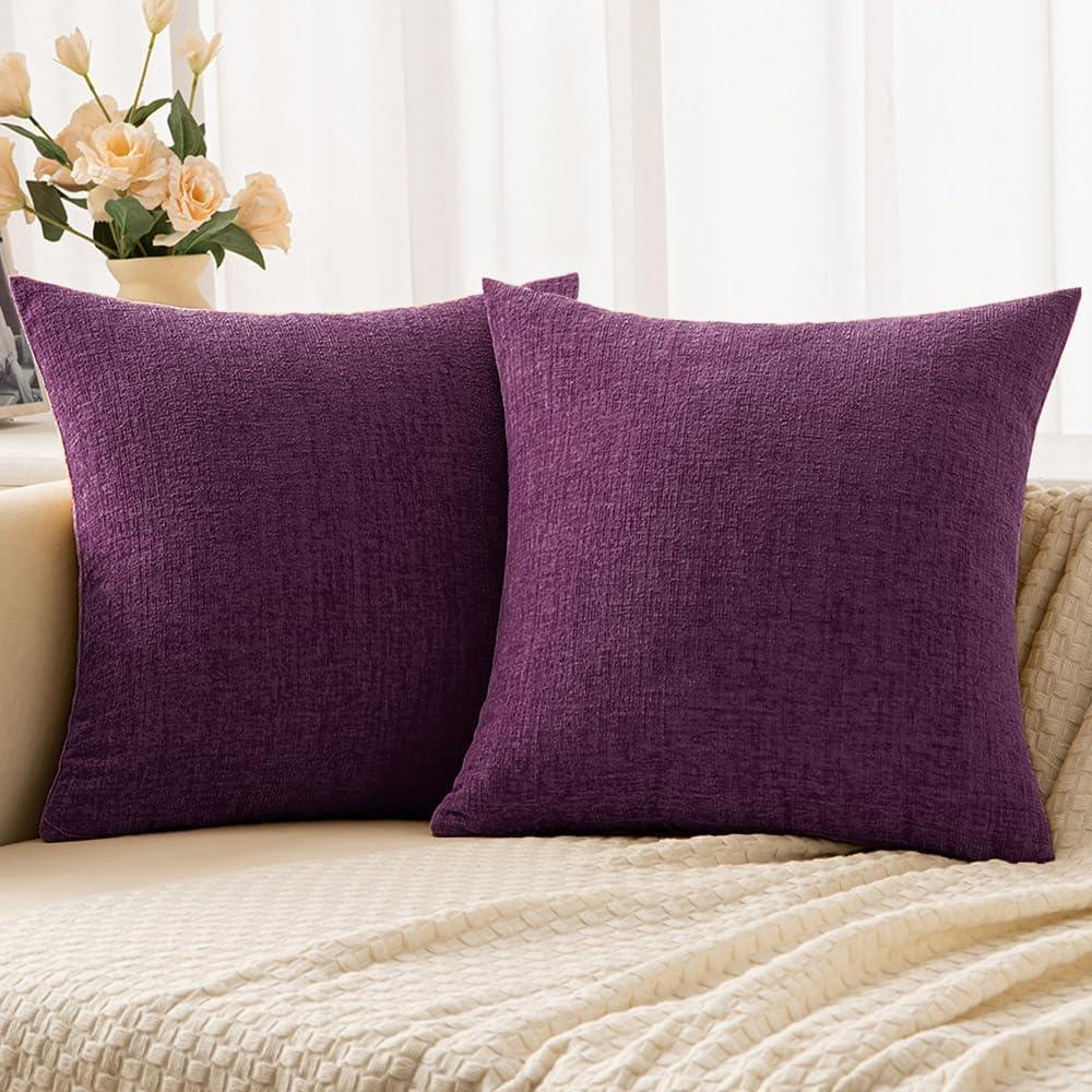 Set of 2 Deep Purple Chenille Throw Pillow Covers, 18x18 Inches