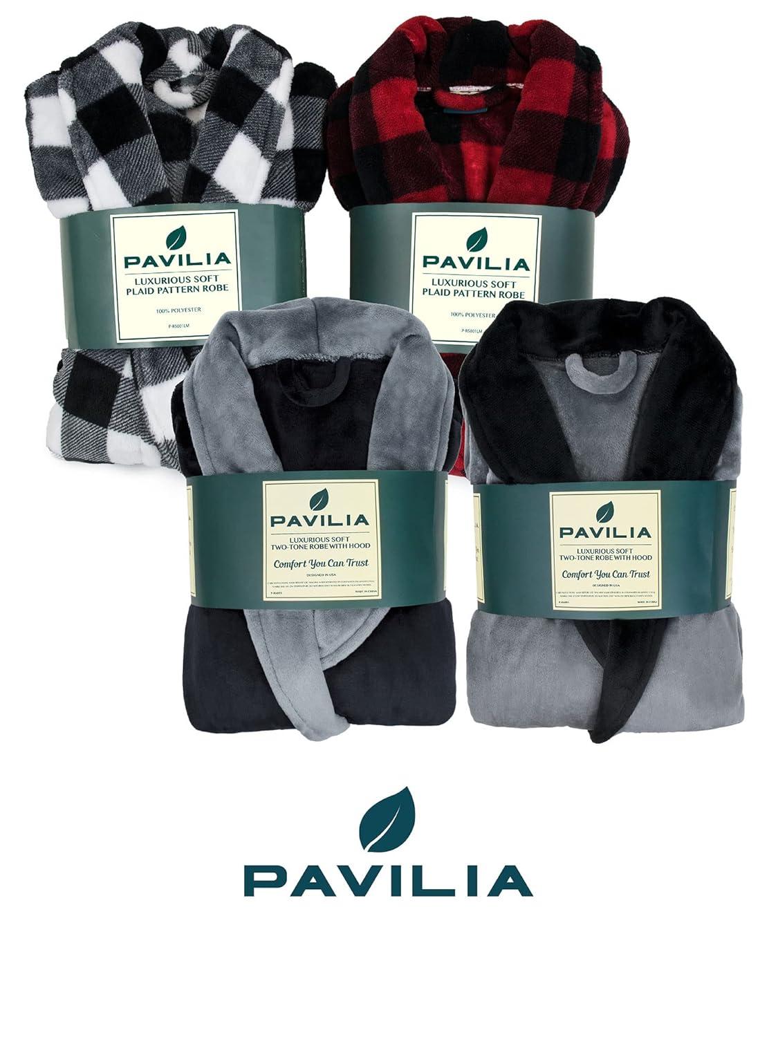 PAVILIA Mens Robe, Hooded Soft Bathrobe for Men, Fleece Plush Warm Shawl Collar Hood Pockets for Bath Shower Spa (Black/Gray, One Size)