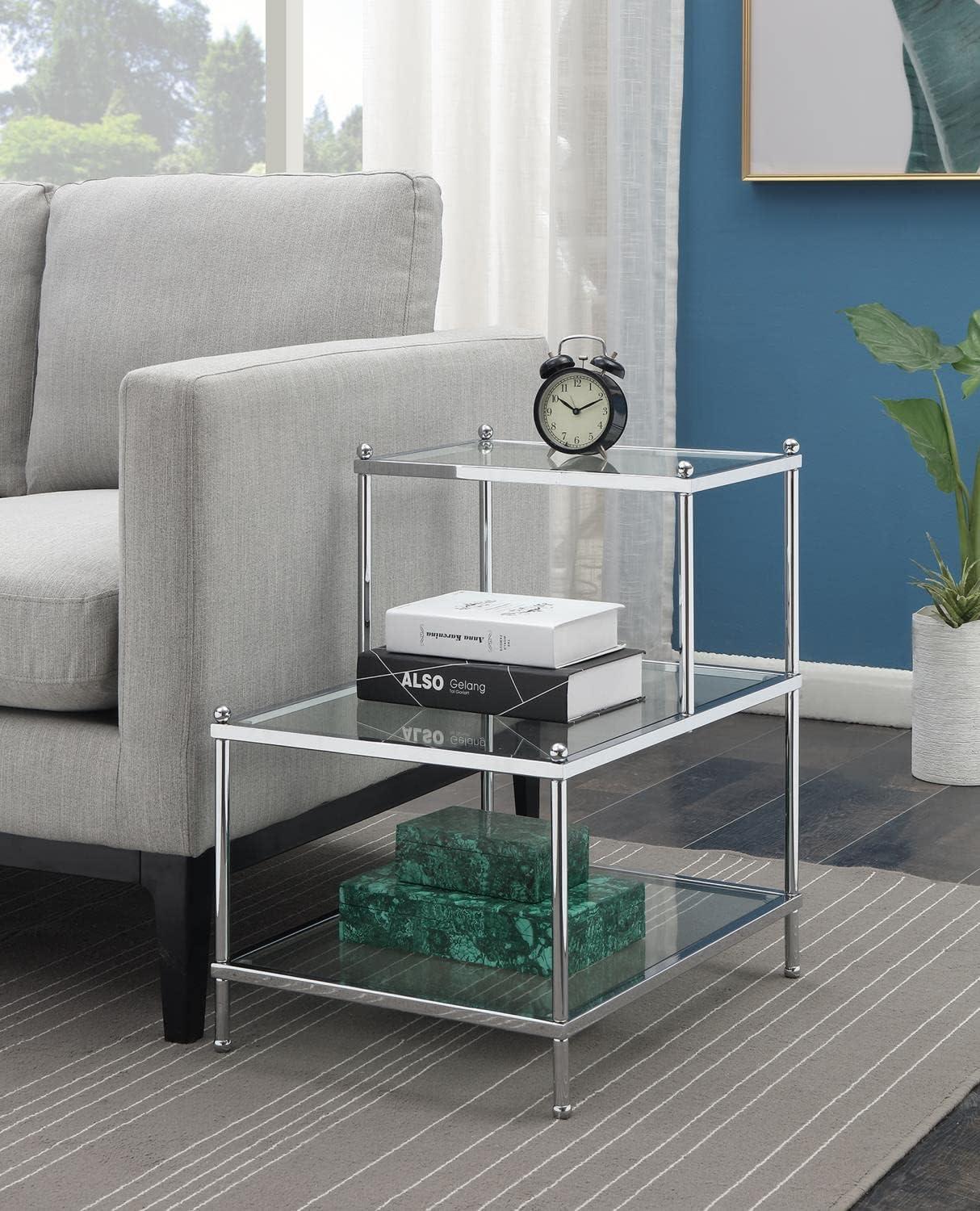 Elegant Chrome & Glass 3-Tier L-Shaped End Table