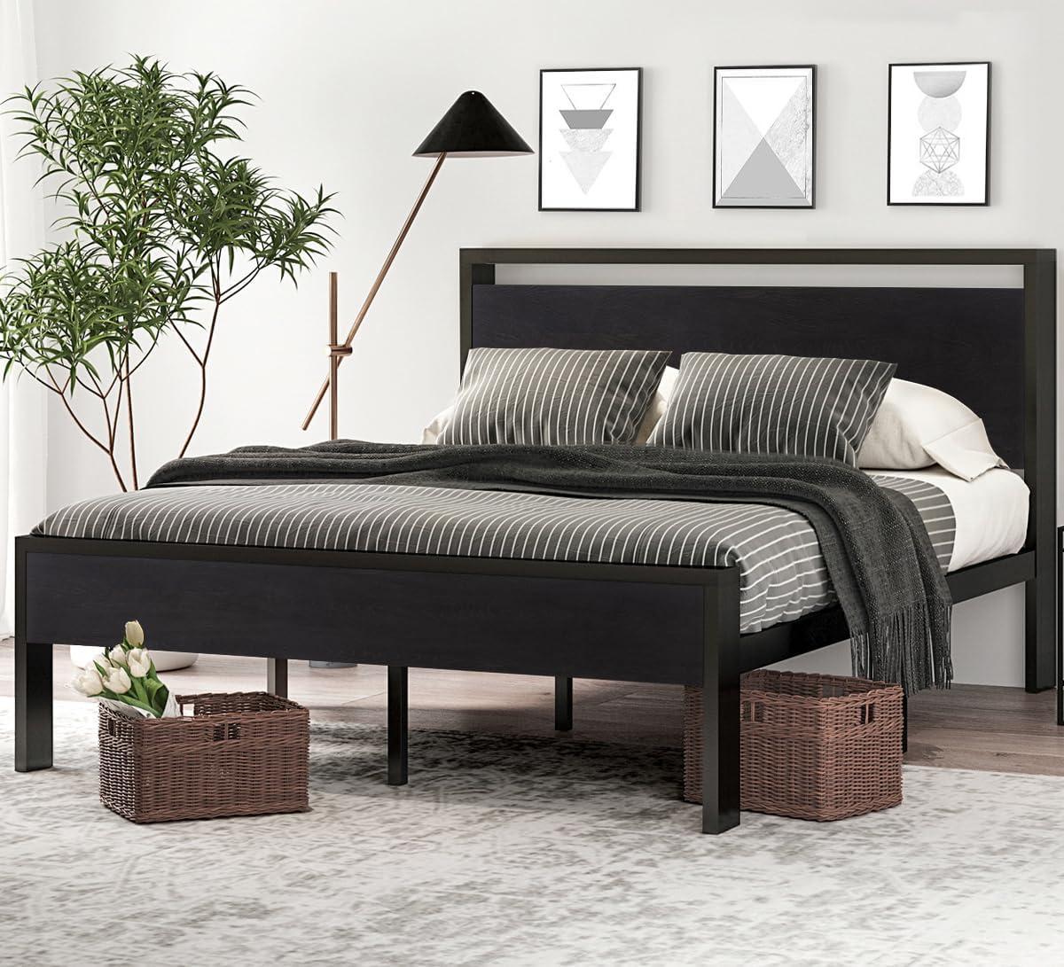 17 Stories 14 Inch Queen Size Metal Platform Bed Frame with Wooden Headboard and Footboard,No Box Spring Needed