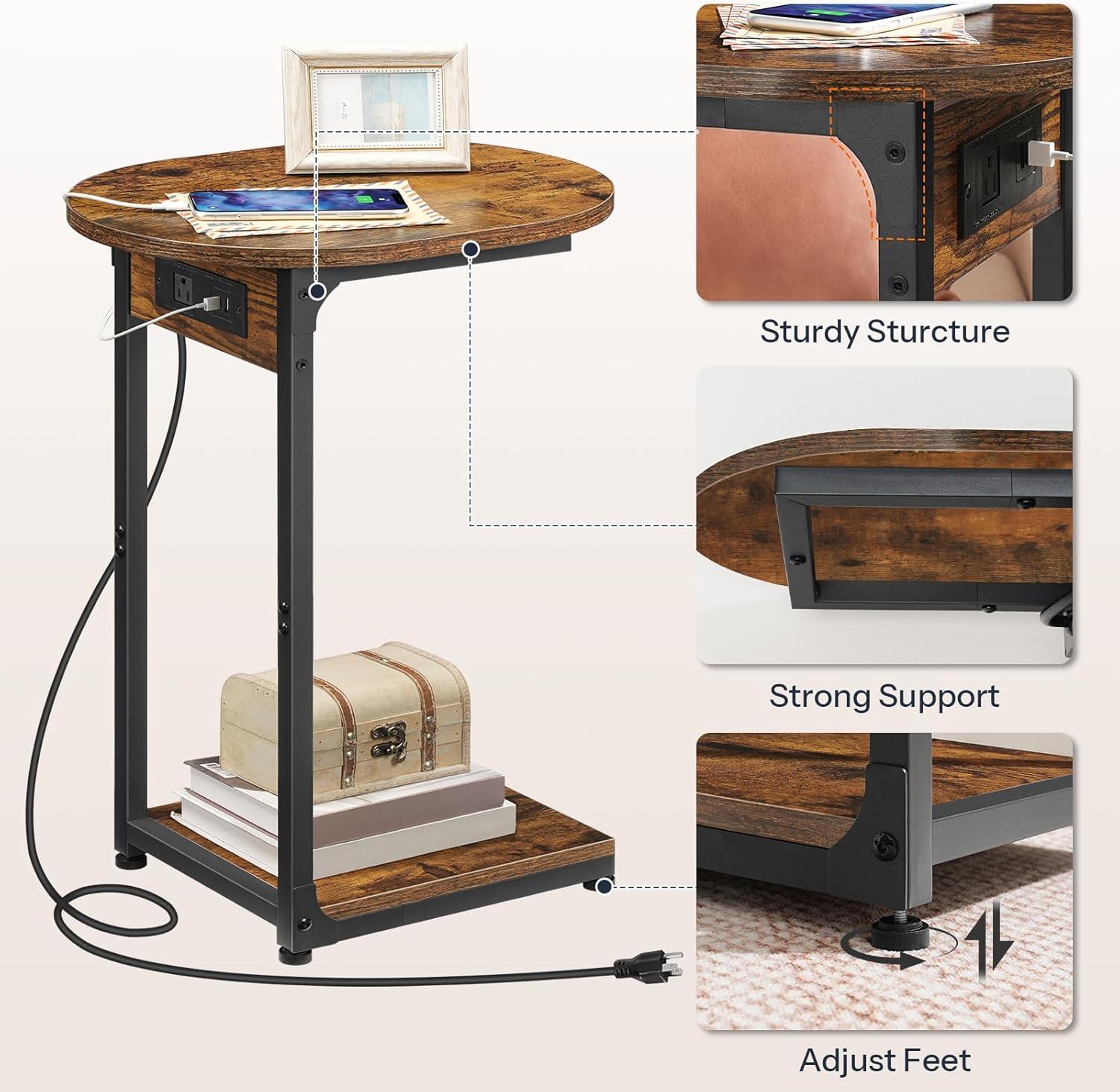 Rustic Brown and Black C-Shaped Side Table with Charging Station