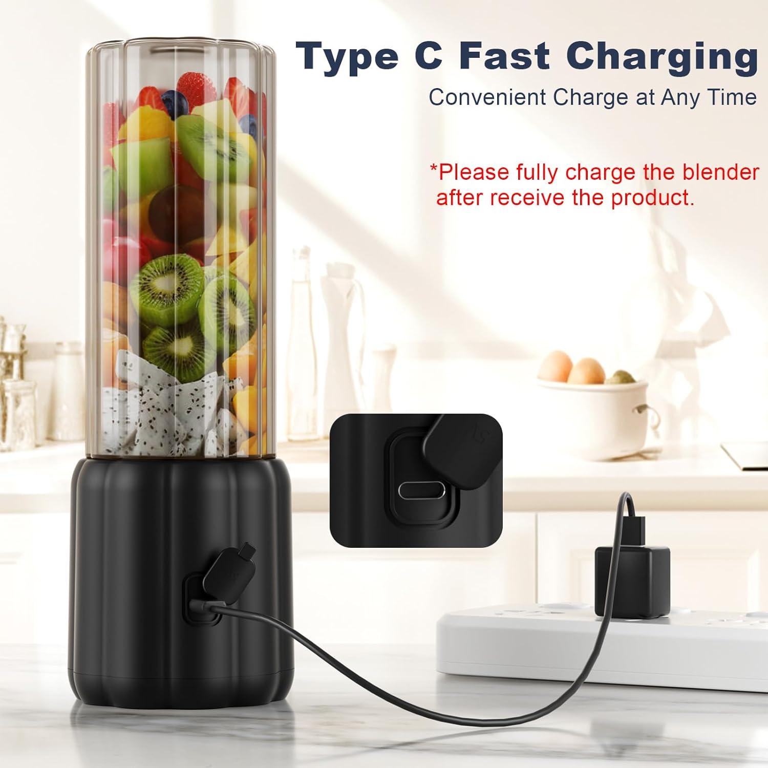 Portable Blender - Small Smoothie & Shake Maker, 17 Oz Personal Blender with 6 Blades, USB-C Rechargeable Mini Mixer with Extra Lid for Travel, Office, Gym-xlk