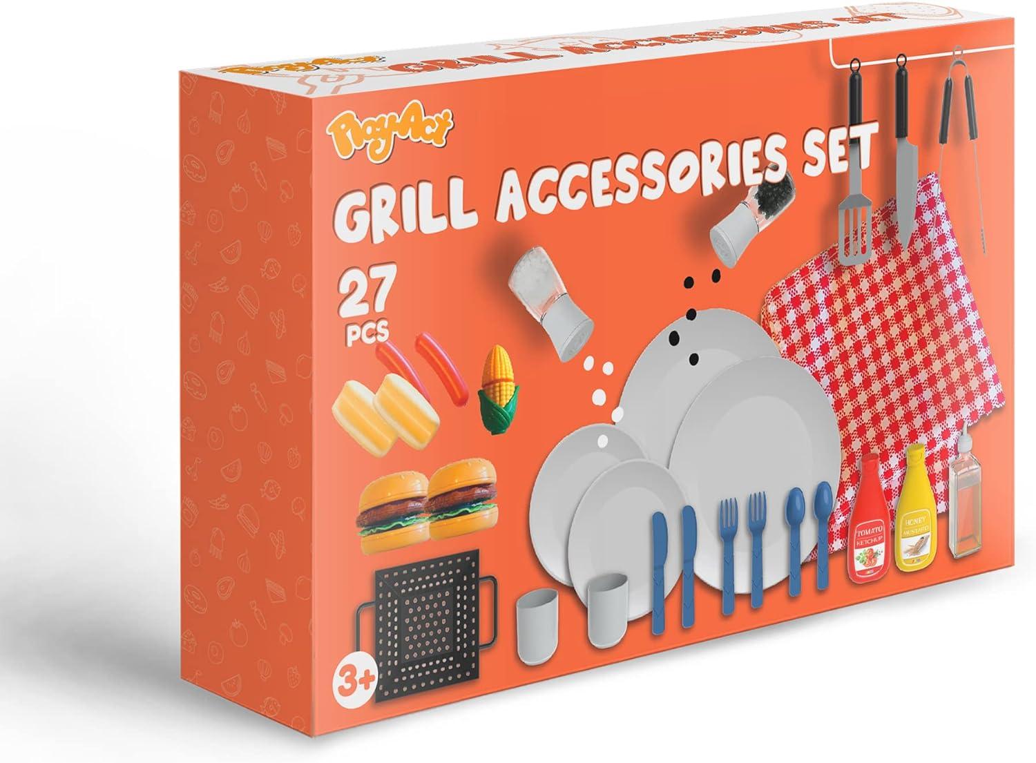 Joyfy 27 Pcs Kids Kitchen Toy Playset, BBQ Grill Pretend Play Food Sets, Gift for Toddlers 2 3 4 Years Old Girls Boys