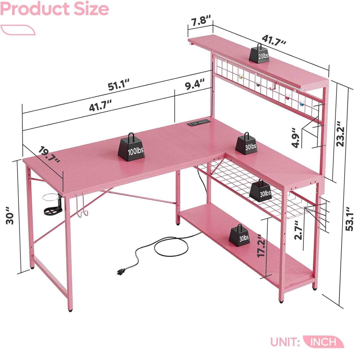 Bestier 51 L Shaped Gaming Desk with Power Outlets, LED Workstation with 4 Tiers Shelves for Home Office, Gamer Reversible Table with Hooks and Cup Holder,Carbon Fiber Pink