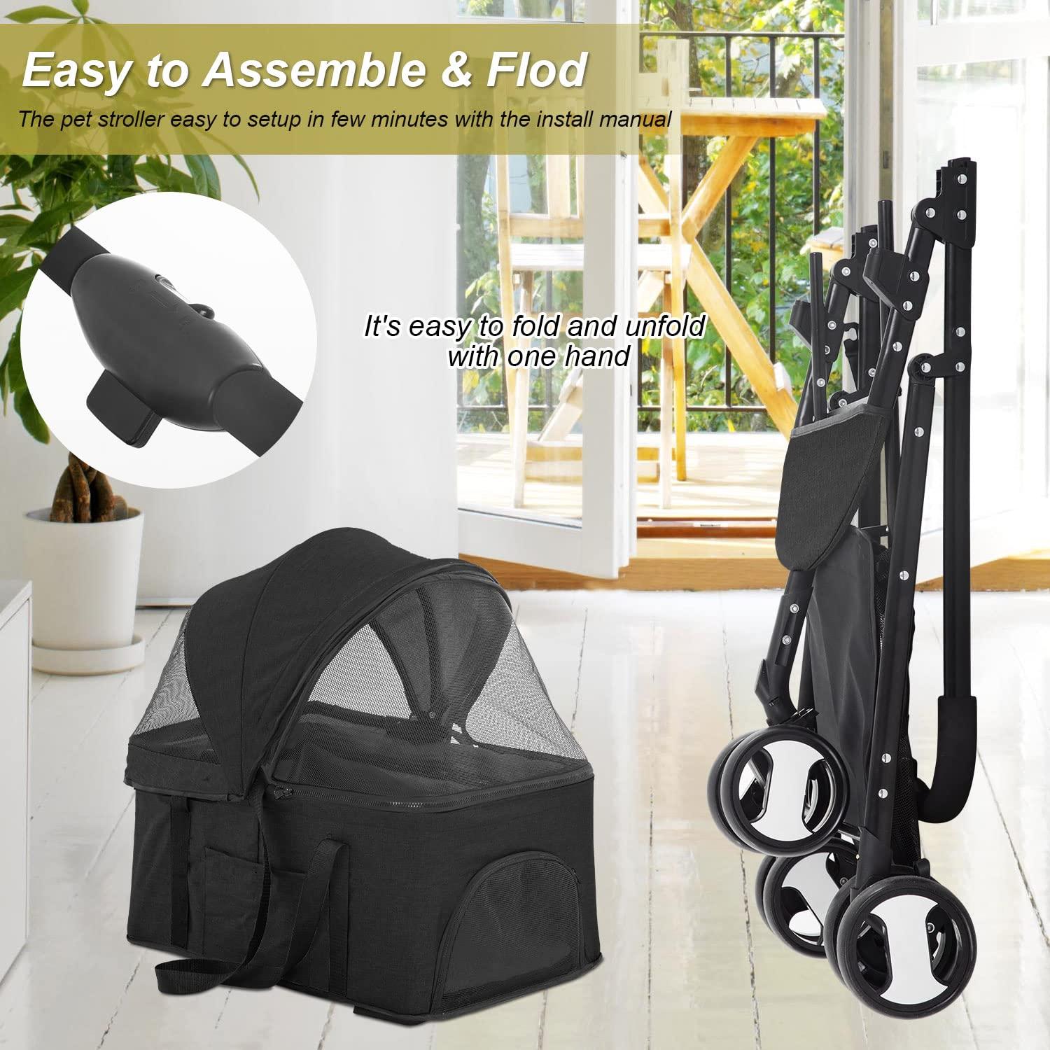 Foldable Pet Stroller with Detachable Carrier