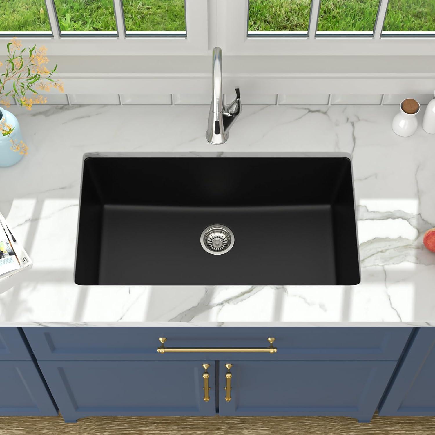 Davivy 33 Inch Black Granite Composite Kitchen Sink Workstation, 33 X 22 Quartz Composite Dual Mount Sink, Matte Black Composite Single Bowl Sink