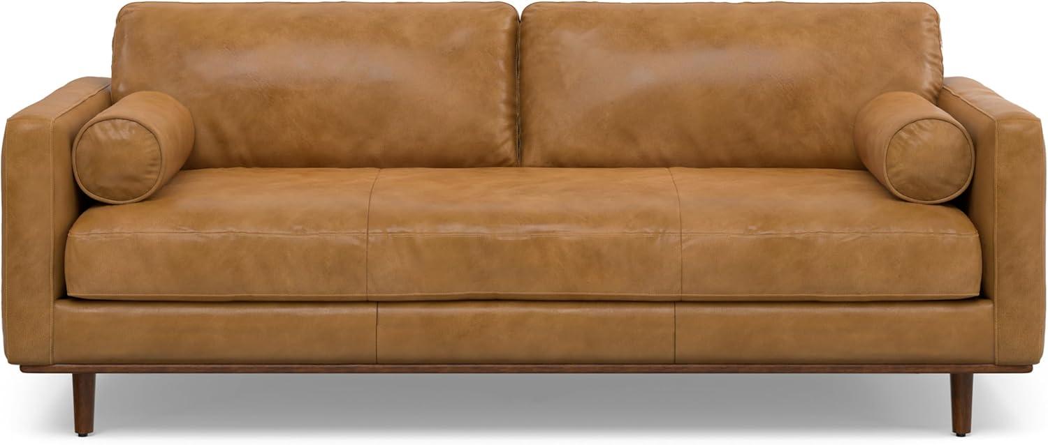 Simpli Home Morrison Genuine Leather Sofa, Mid-Century Modern Couch for Living Room, Handcrafted with Removable Cushions