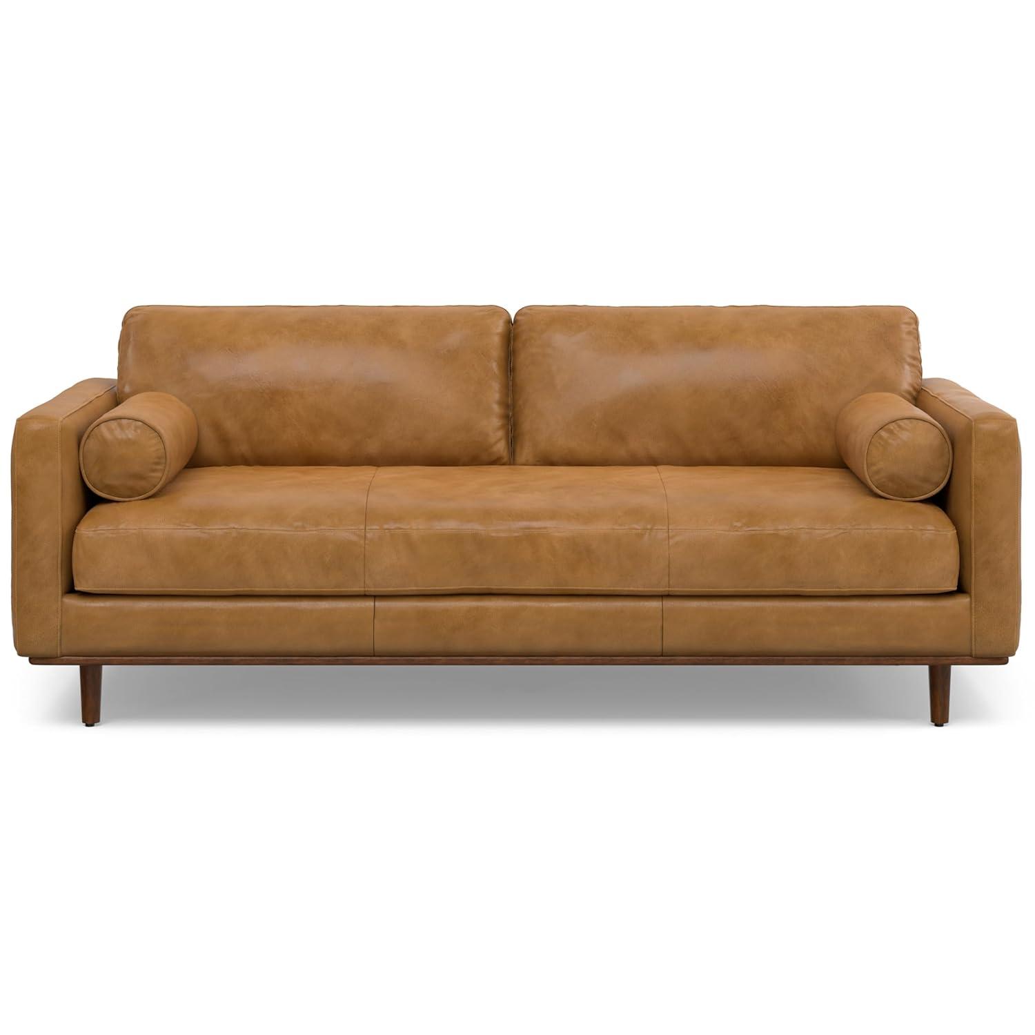 Simpli Home Morrison Genuine Leather Sofa, Mid-Century Modern Couch for Living Room, Handcrafted with Removable Cushions