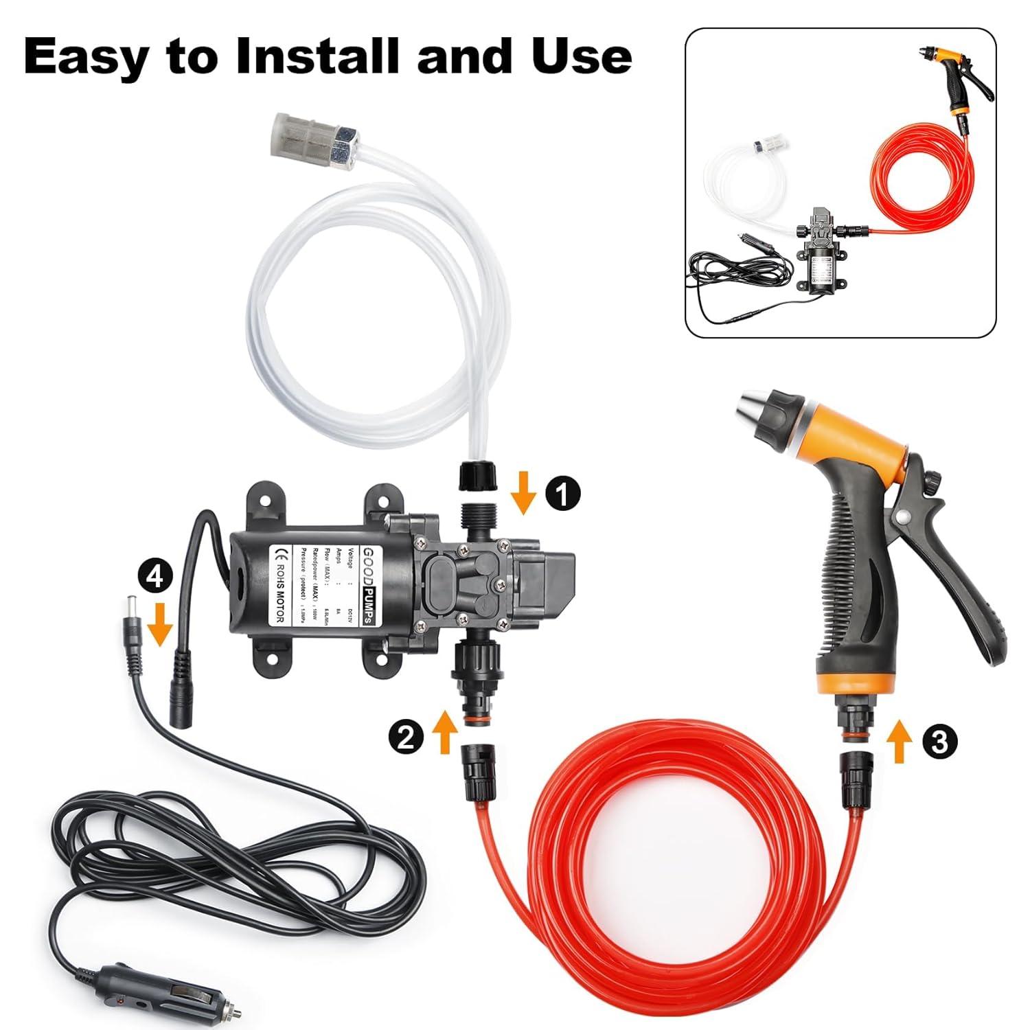 Portable Intelligent Electric Pressure Washer Pump 100W 160 PSI 12V Portable Pressure Powerful Washing Kit with 21.3 Feet PVC Hose for Home, Car, Garden, Projects (100 W-Black Hose)