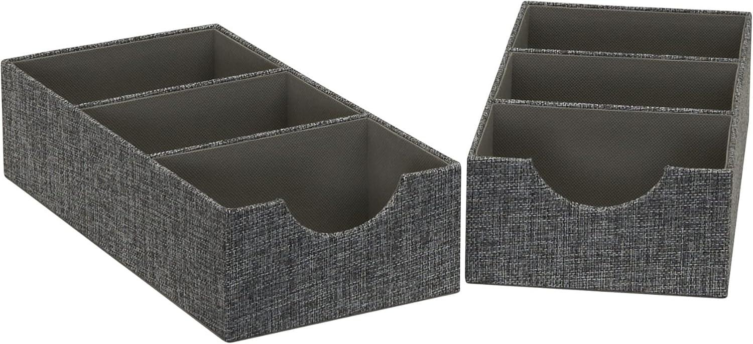 Household Essentials Set of 2 3-Section Drawer Trays Graphite Linen: Stackable Decorative Storage Boxes, Gray, 12"x6"