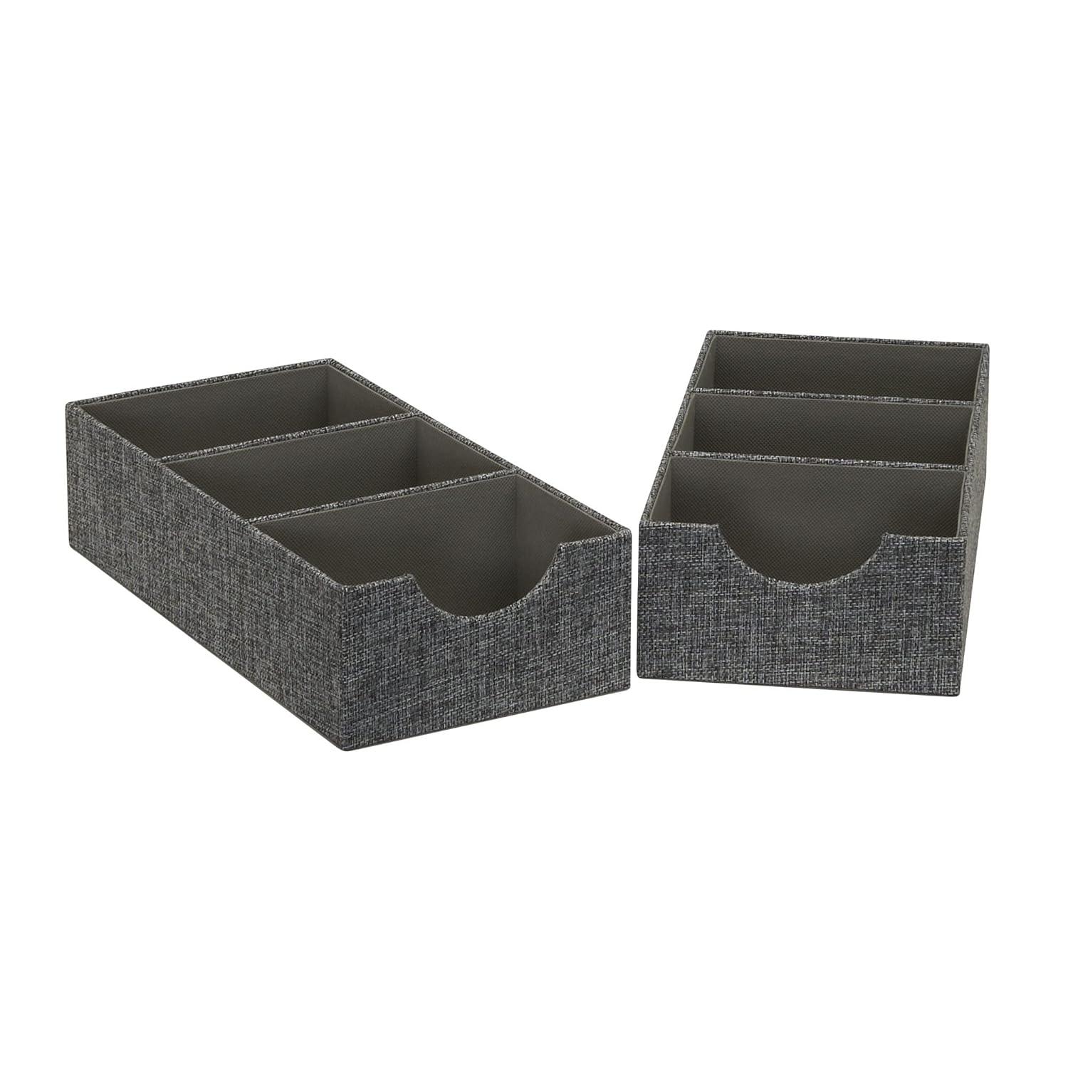 Household Essentials Set of 2 3-Section Drawer Trays Graphite Linen: Stackable Decorative Storage Boxes, Gray, 12"x6"
