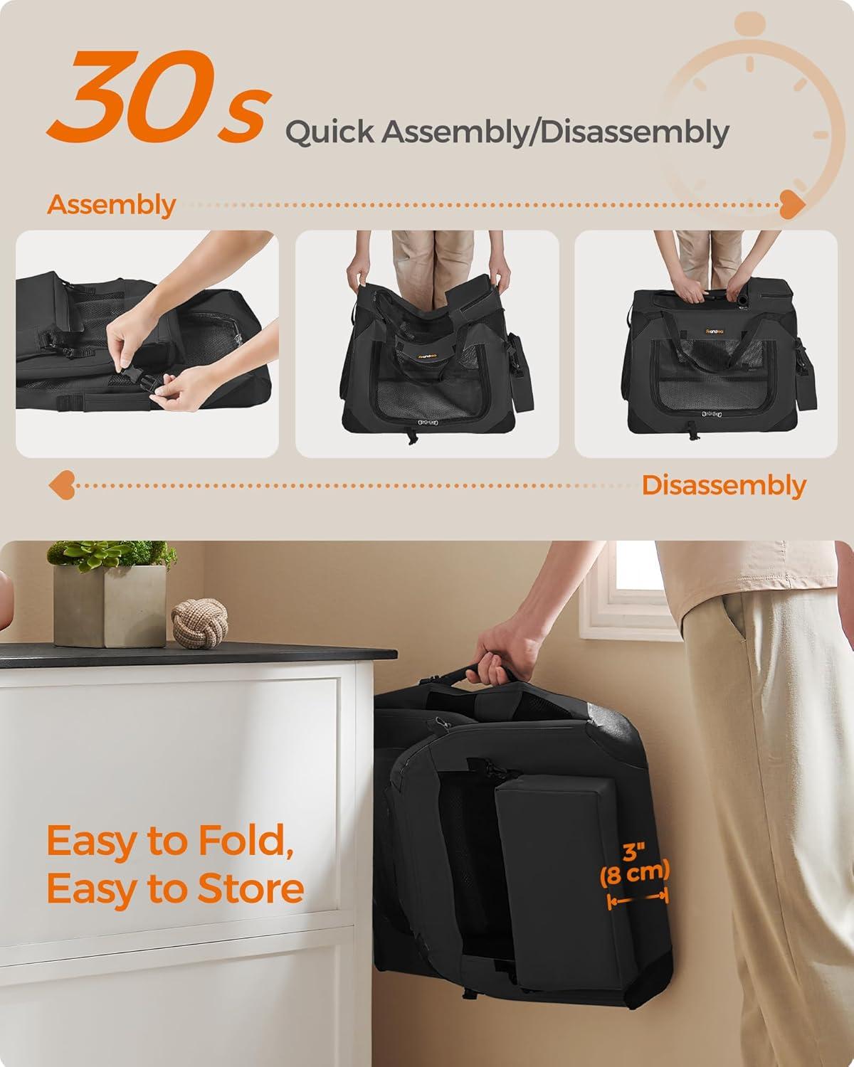 Feandrea 24 Inches Collapsible Soft Dog Crate, Portable Travel Dog Crate for Indoor and Outdoor Use, Dog Carrier Kennel with Safety Zippers, for Living Room, Car, Travelling, Camping, Black UPDC60H