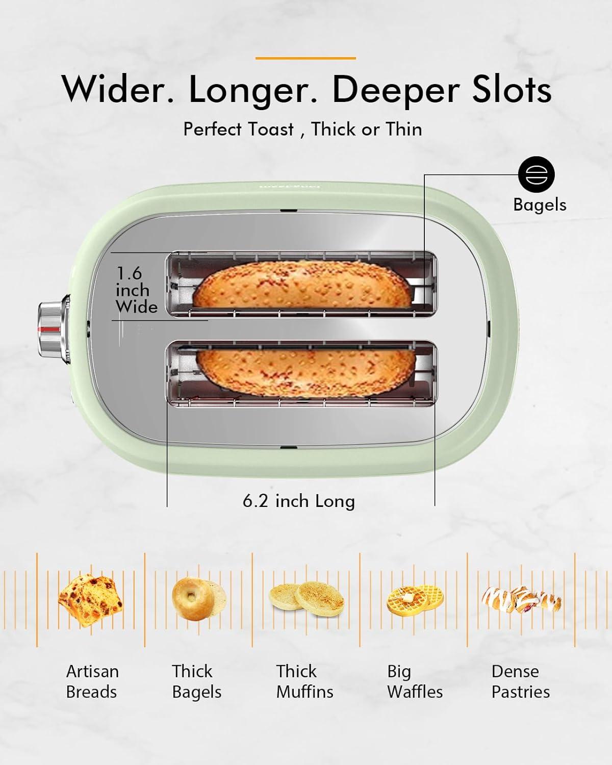 LONGDEEM 2 Slice Toaster, 6 Settings, Extra Wide Slots, High Lift, Auto Shutoff, Pastel Green, New
