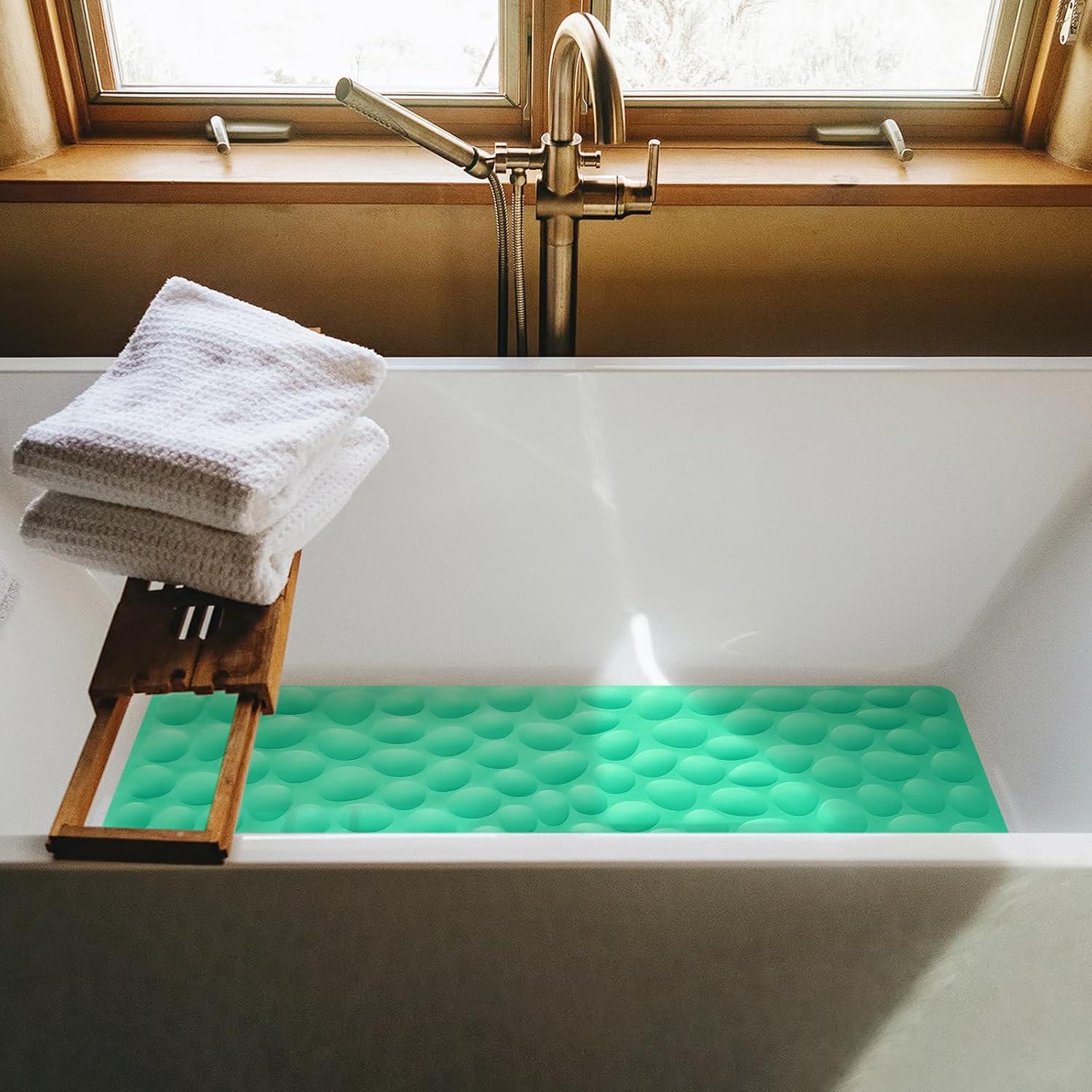 Bathtub and Shower Mats, Extra Long Non-Slip Bath Mat 39 x 16 Inch, Machine Washable Bath Tub Mat with Suction Cups & Drain Holes for Bathroom, Pale Green