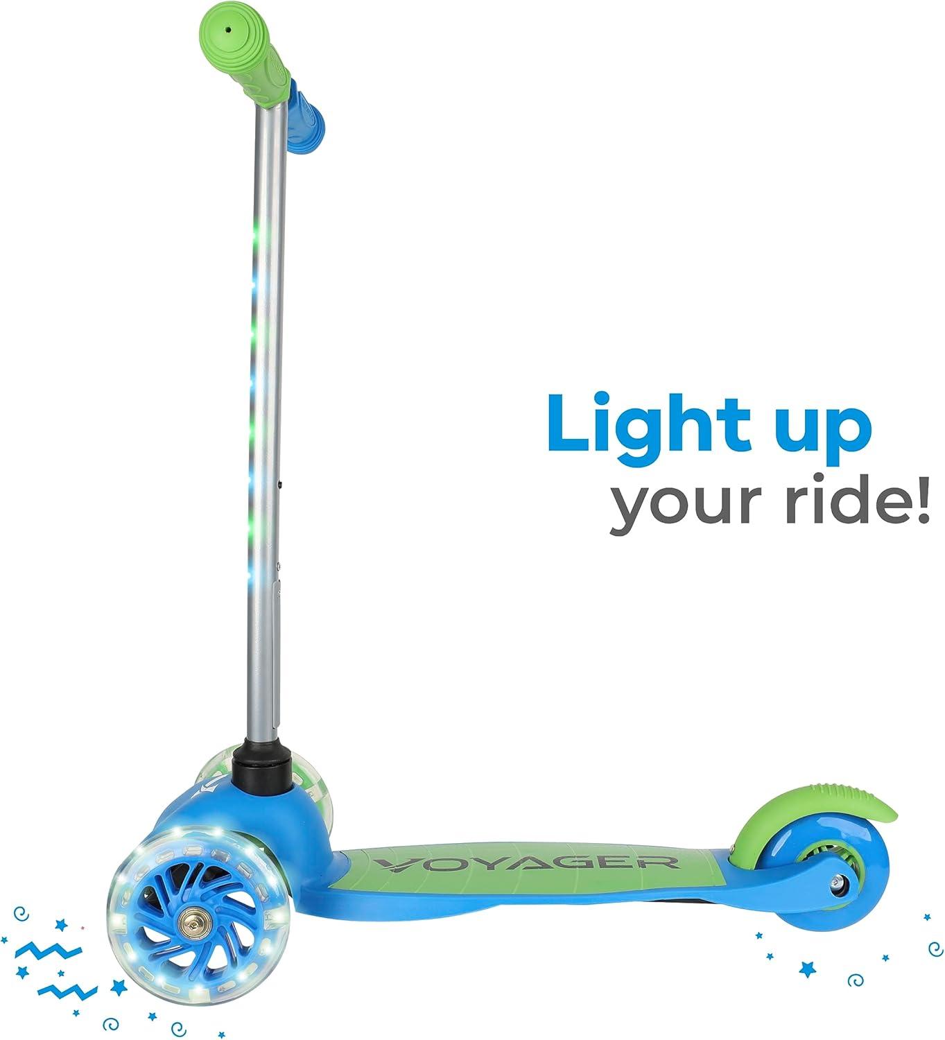 Voyager 3 Wheel Kick Scooter with Light Up Wheels and Tbar - Green