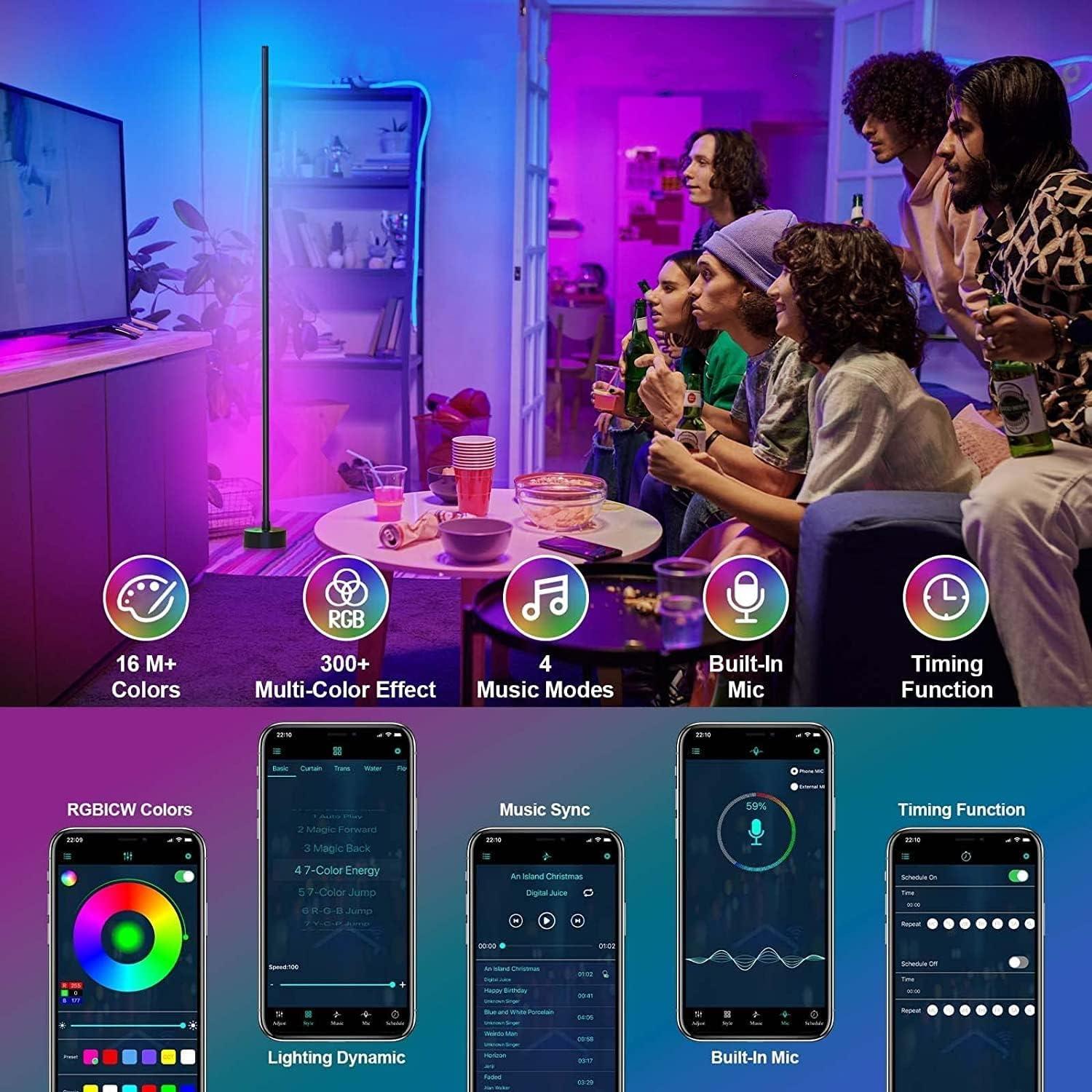 Corner Floor Lamp - Smart RGB LED Corner Lamp with App and Remote Control, 16 Million Colors & 68+ Scene, Music Sync, Timer Setting - Ideal for Living Rooms, Bedrooms, and Gaming Rooms