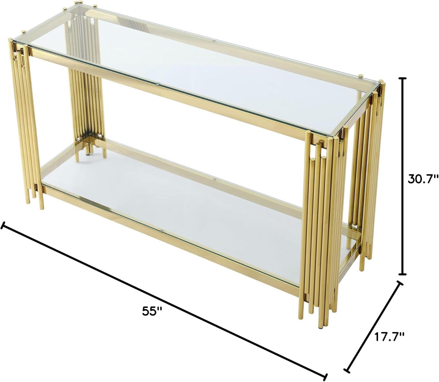 Modern Glass Console Table, 55" Gold Sofa Table with Sturdy Metal Frame and Clear Tempered Glass Top, for Living Room Entryway Bedroom, Gold Finish 00009