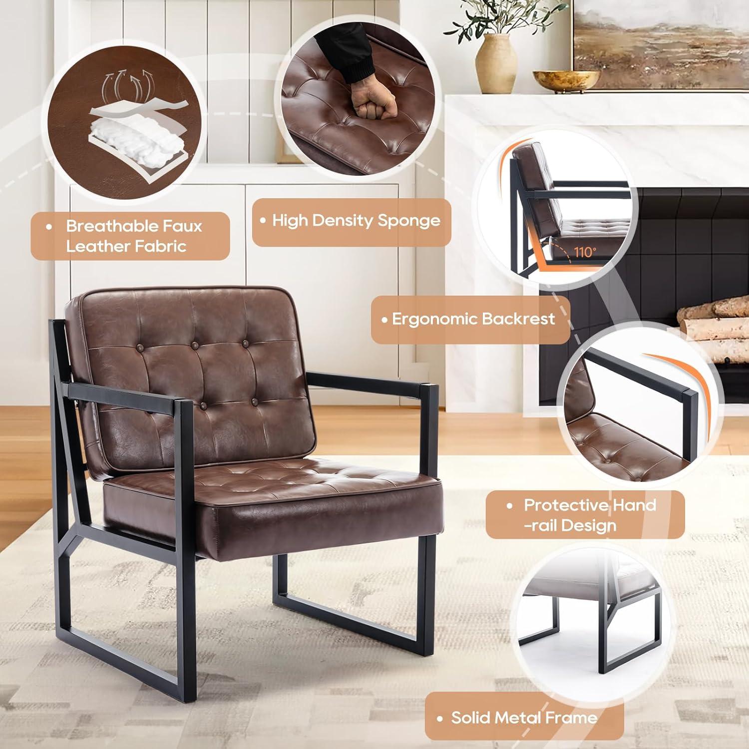 COLAMY Mid Century Modern Accent Chair, Comfy Living Room Chairs, Brown Leather Accent Chair, Faux Leather Reception Armchair with Metal Legs for Living Room Bedroom Reception Waiting Room, Brown