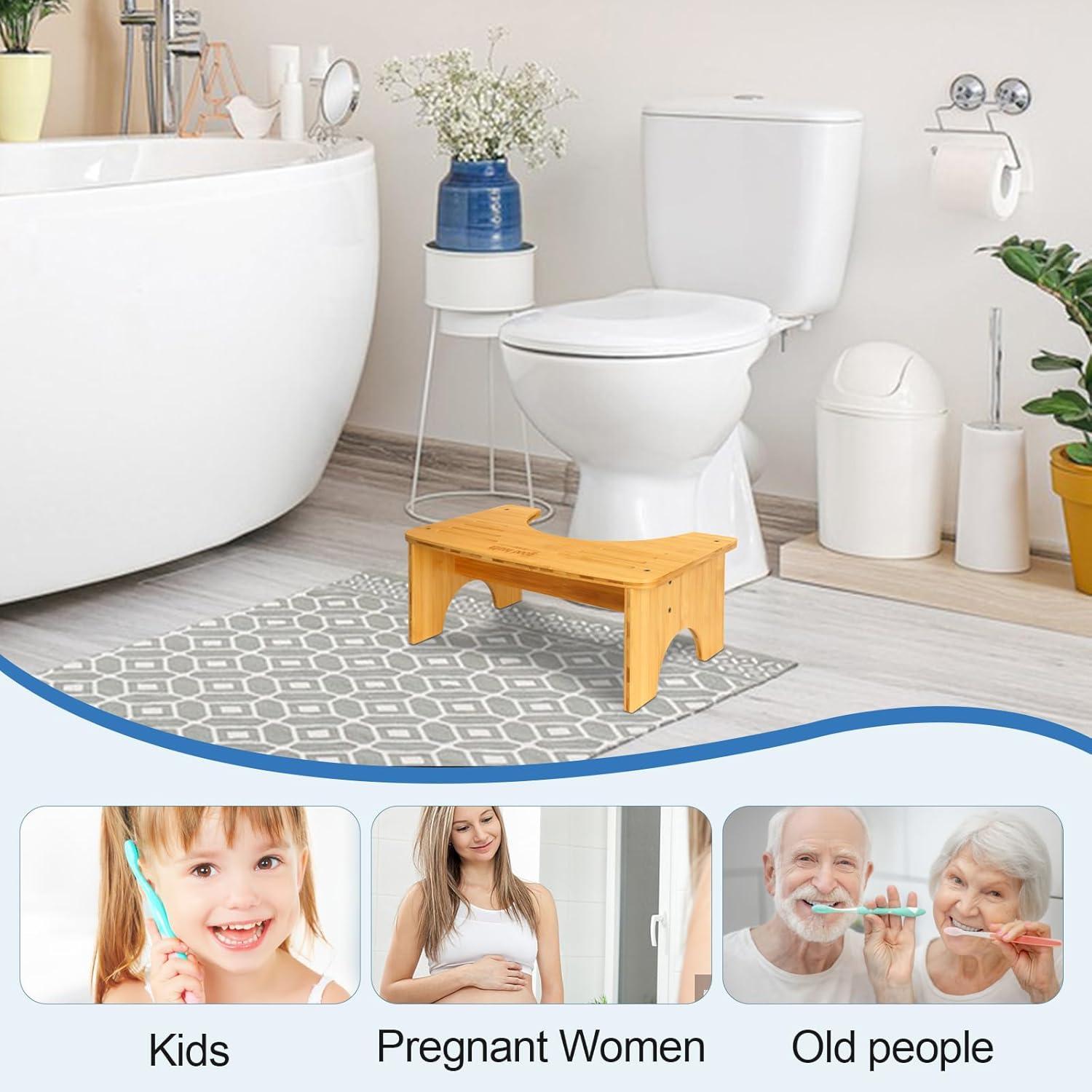 Bamboo Toilet Stool for Adults, 6.5" Toilet Stool Squat Adult Kids, Portable Simple Curve Squat Toilet Potty Stool, Non-Slip Poop Stool for Bathroom, Improve Squatting Posture and Comfort (Wood)