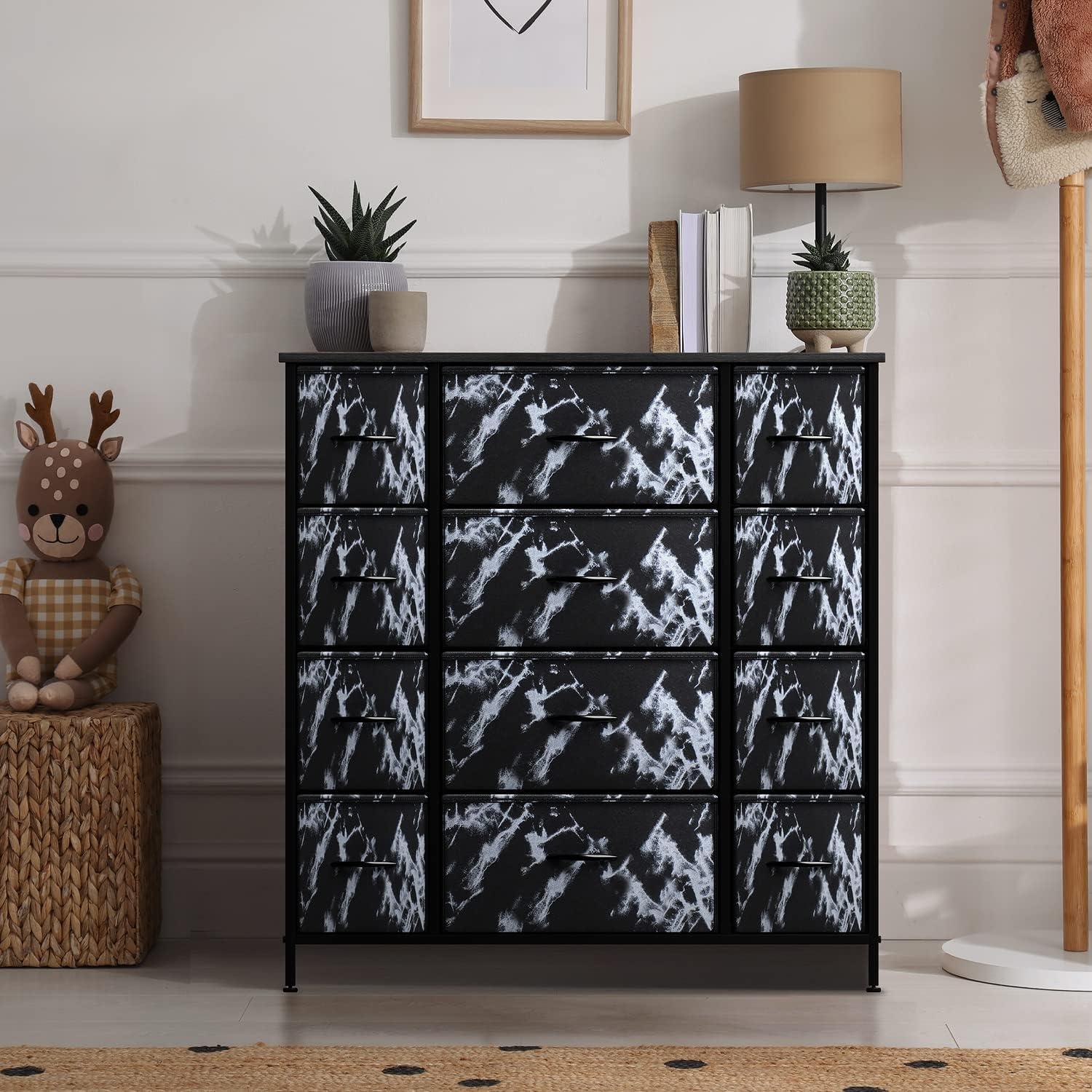 Sleek Black Marble 12-Drawer Vertical Nursery Dresser with Soft Close