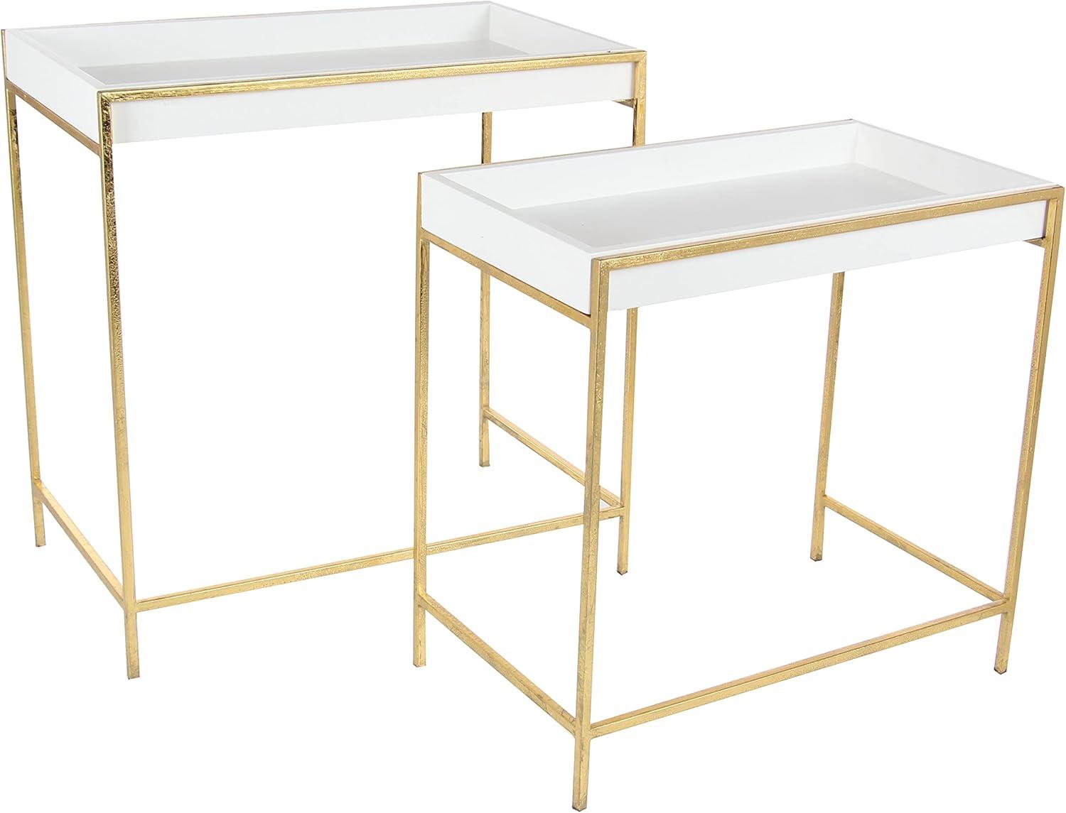 Blaine Wooden Nesting Tray Top Geometric Side End White Accent Table with Gold Metal Legs Set