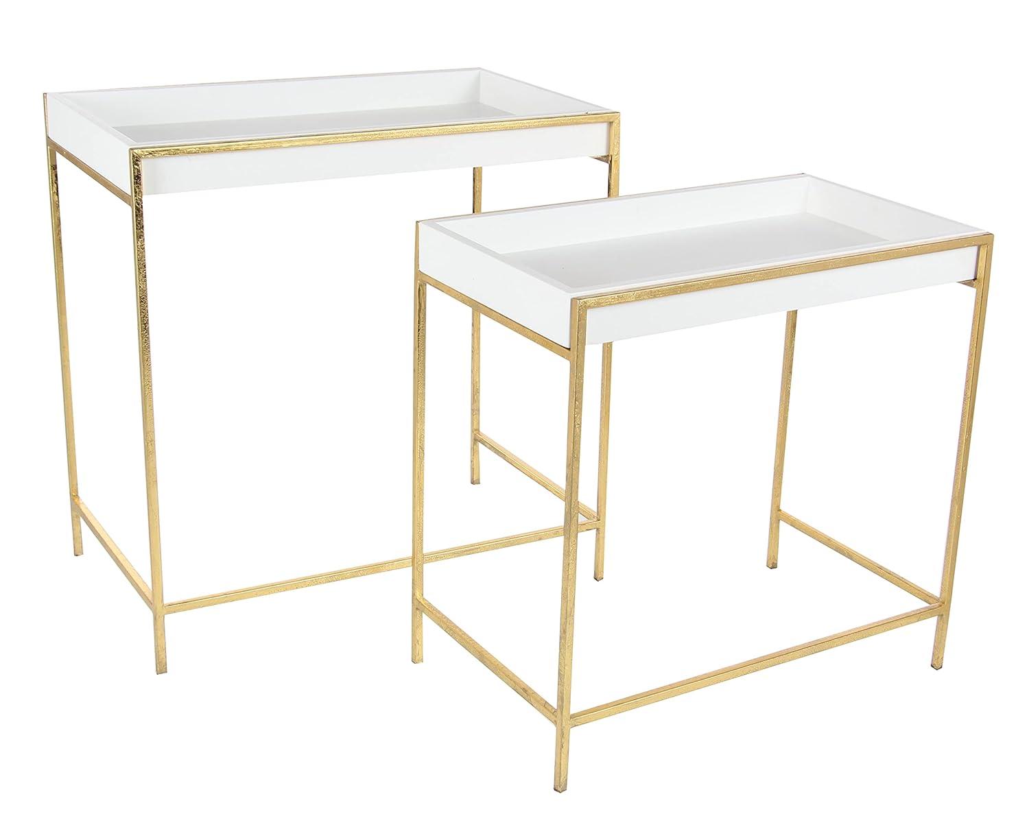 Mercer41 Blaine Wooden Nesting Tray Top Geometric Side End White Accent Table with Gold Metal Legs Set