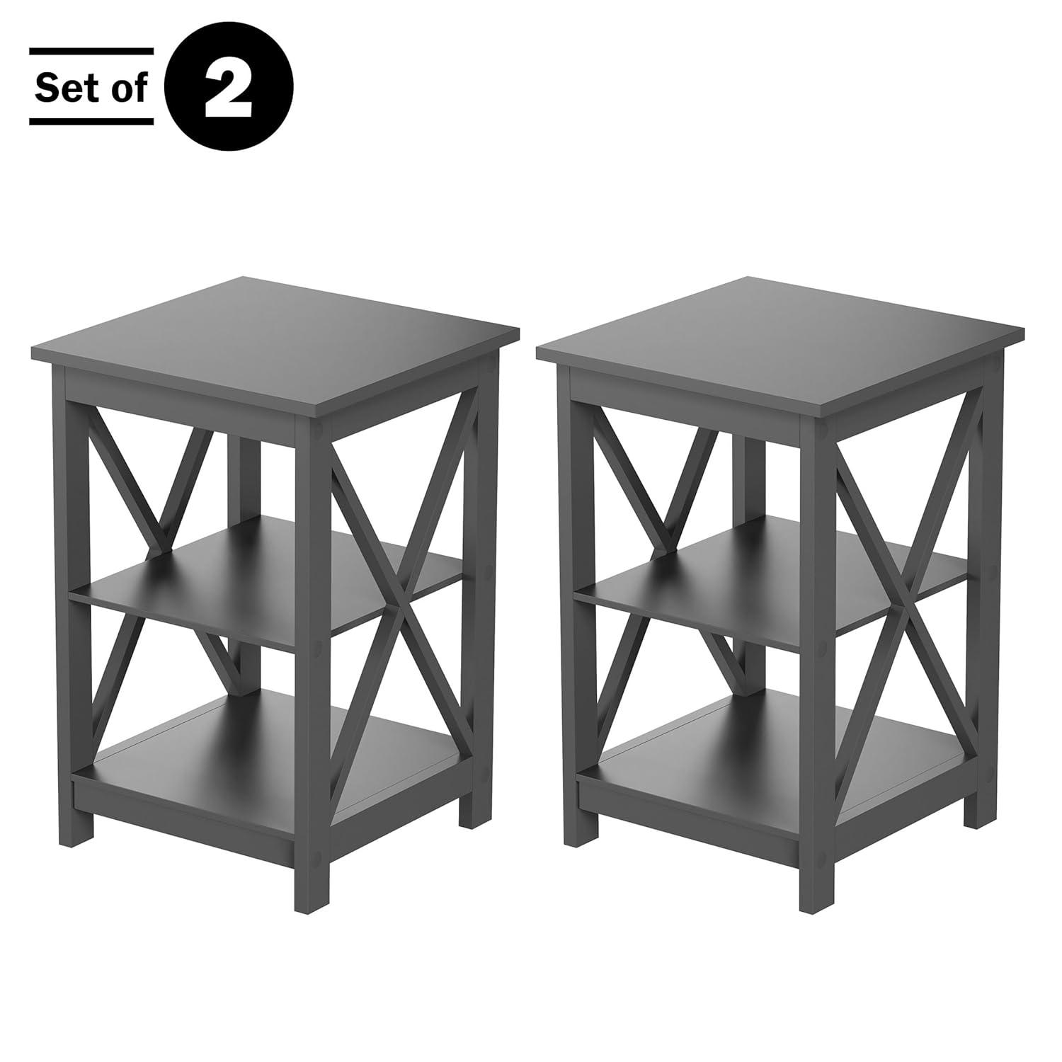 Queribus Side Tables with Two Shelves – 2 Piece Contemporary Nightstands with X-Legs – Wooden End Table Pair for Living Room or Bedroom