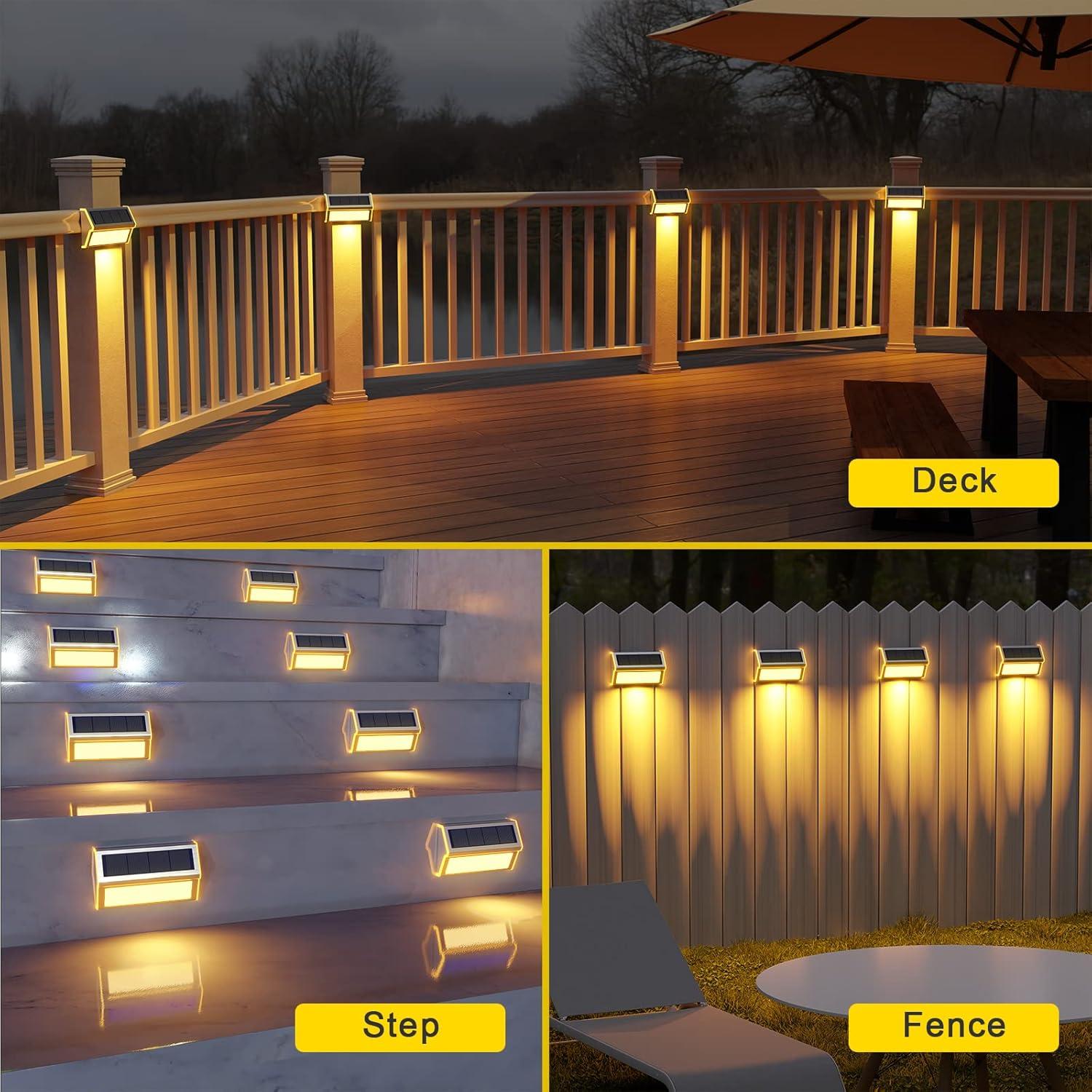 Solar Outdoor Lights, 10 Pack 30 LED Fence Lights Waterproof Solar Powered Deck Post Lamps Stainless Steel Outside Step Lighting for Backyard Yard Walkway Stairs, Cool White Light