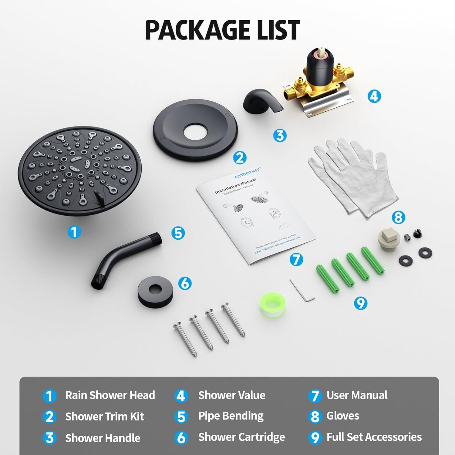 Brushed Nickel Shower Faucet Set, EMBATHER Shower Fixtures with 6 Inch Rainfall Shower Head, Single Handle Control Shower Valve and Trim Kit