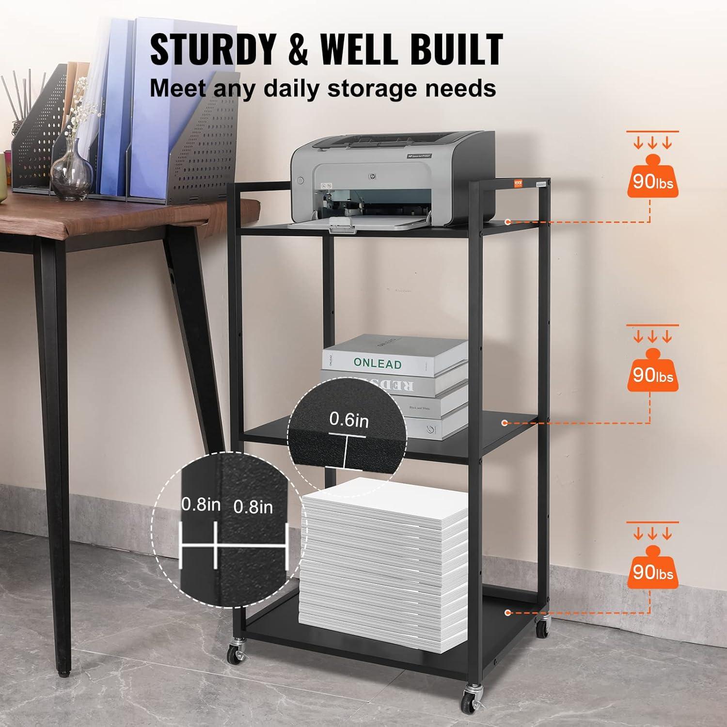 Black Adjustable 3-Tier Printer Stand with Storage Shelves