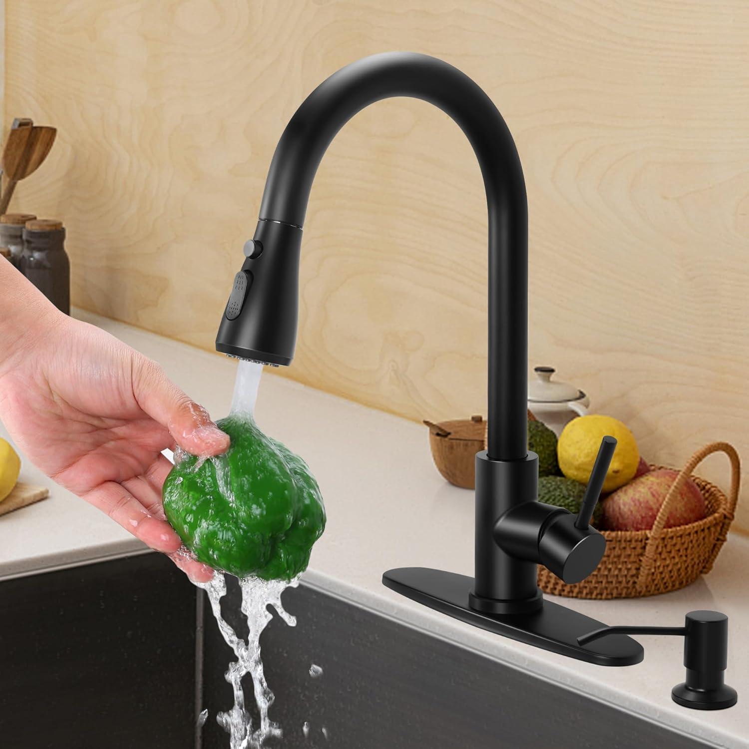 Matte Black Stainless Steel Pull-Down Kitchen Faucet with Soap Dispenser