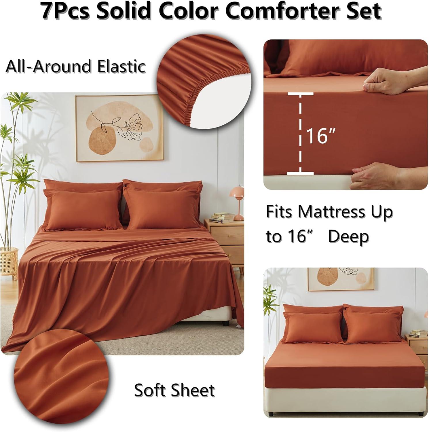 Cozy Comfort Burnt Orange Comforter Set Queen Size, 7 Pieces Soft Comforter for Queen Size Bed with Sheets, Pillowcases & Shams, All Season Boho, Contrasting Design