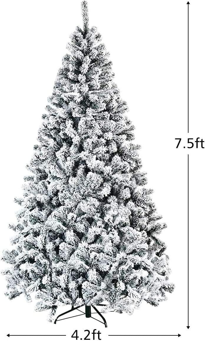 ReunionG 7.5FT Snow Christmas Tree, Artificial Flocked Hinged Pine Tree, Holiday Decoration Tree with Premium PVC Needles and Solid Metal Stand, Full Christmas Tree for Indoor Outdoor (7.5FT)