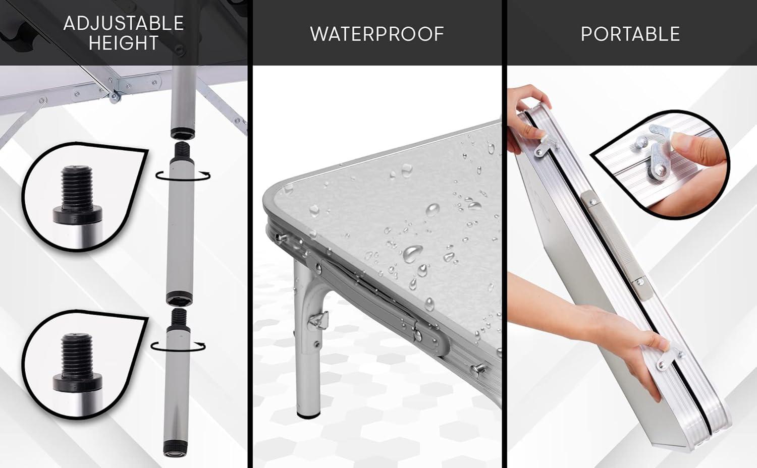 Nice C Card Table, Folding Picnic Table, Small Table, Adjustable Height Folding Table, Camping, Outdoor, Portable Lightweight Aluminum, with Carry Handle for Beach, Indoor, Office (Medium)