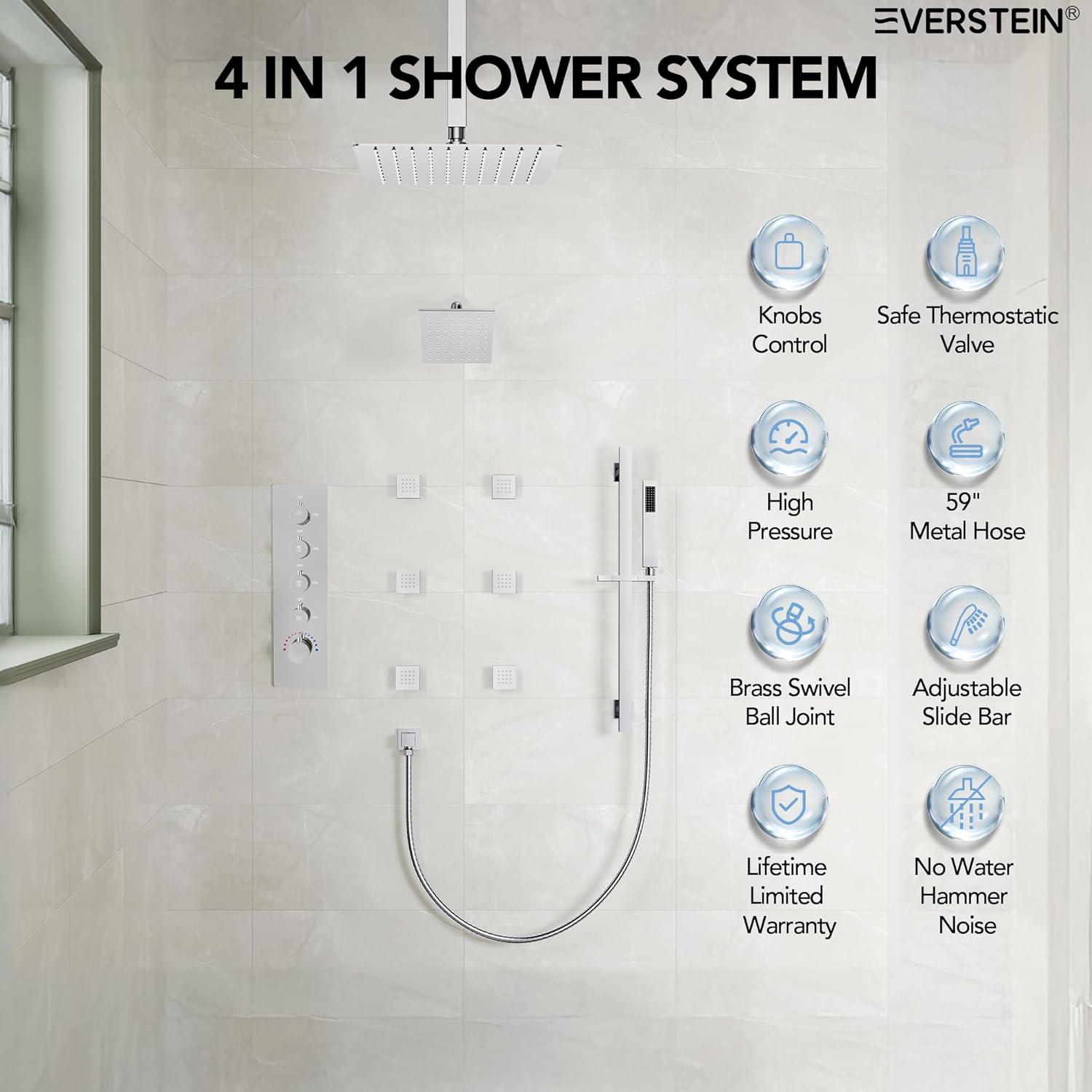 DualJetSpa 16-Inch Rainfall Shower System with Handheld Spray, Dual Showerheads, 6 Body Jets, and Thermostatic Valve