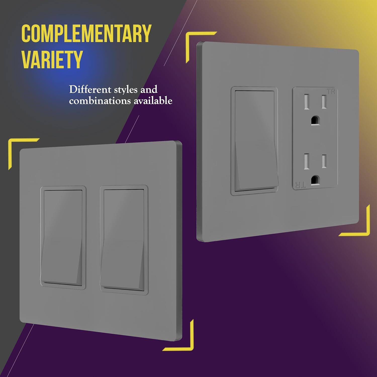 ENERLITES Screwless Decorator Wall Plates Child Safe Outlet Covers, Size 2-Gang 4.68" H x 4.73" L, Unbreakable Polycarbonate Thermoplastic, SI8832-GY, Glossy, Gray