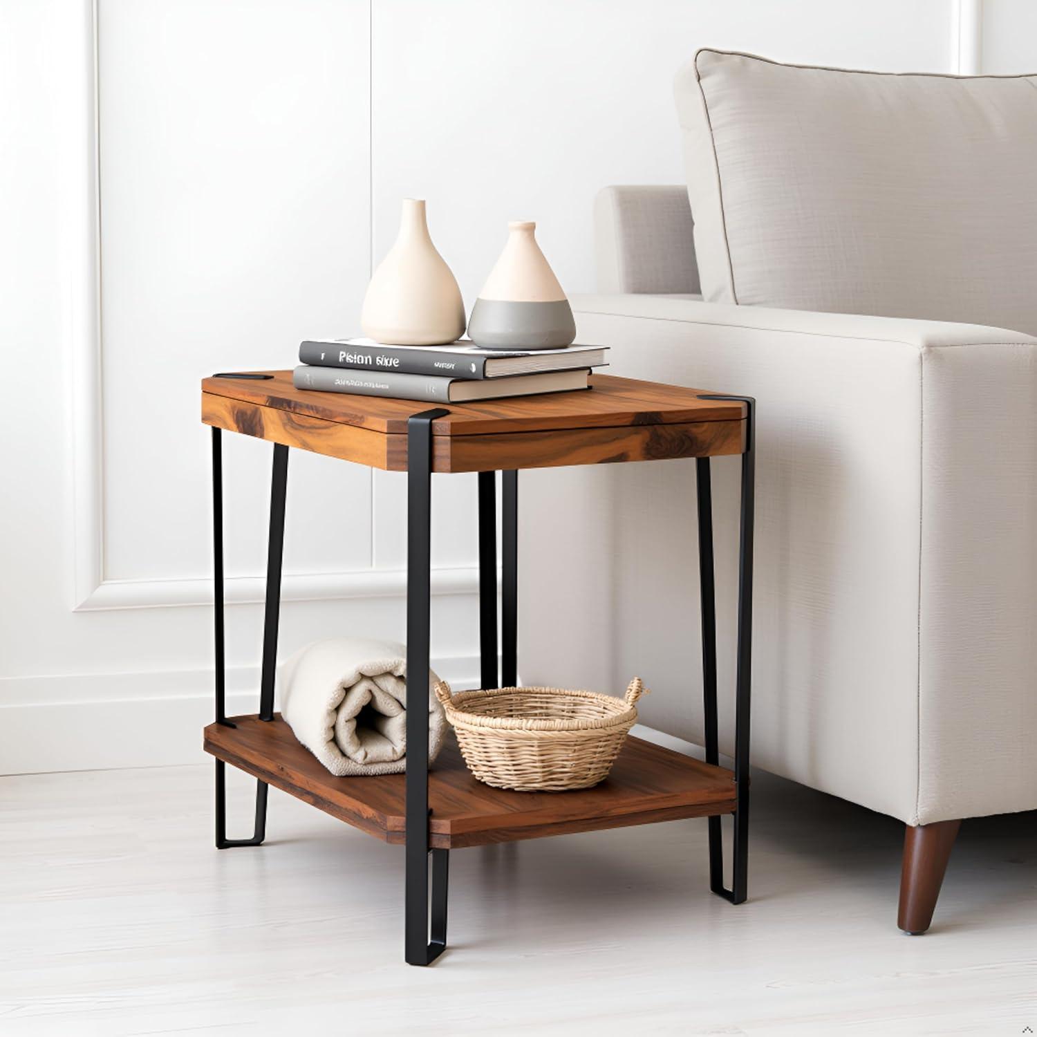 Alaterre Furniture 28" Ryegate Natural Brown Live Edge Solid Wood End Table Metal And Wood