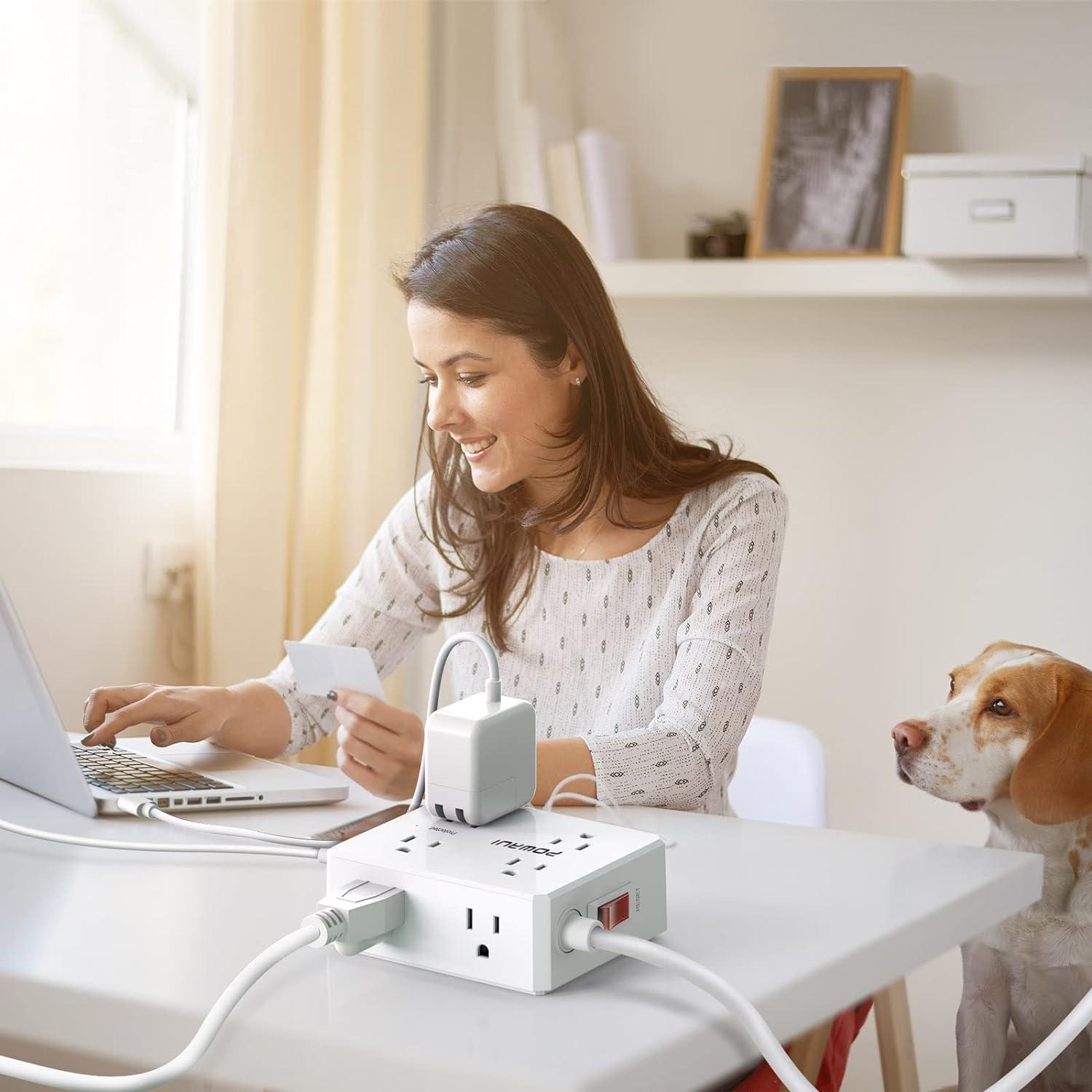 Surge Protector Power Strip - 6 Ft Flat Plug Extension Cord with 8 Widely Outlets and 4 USB Ports(1 USB C), 3 Side Outlet Extender for Home Office, White, ETL Listed