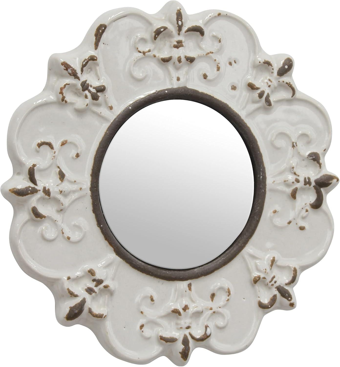 Antique White 8" Round Ceramic Fleur de Lis Wall Mirror