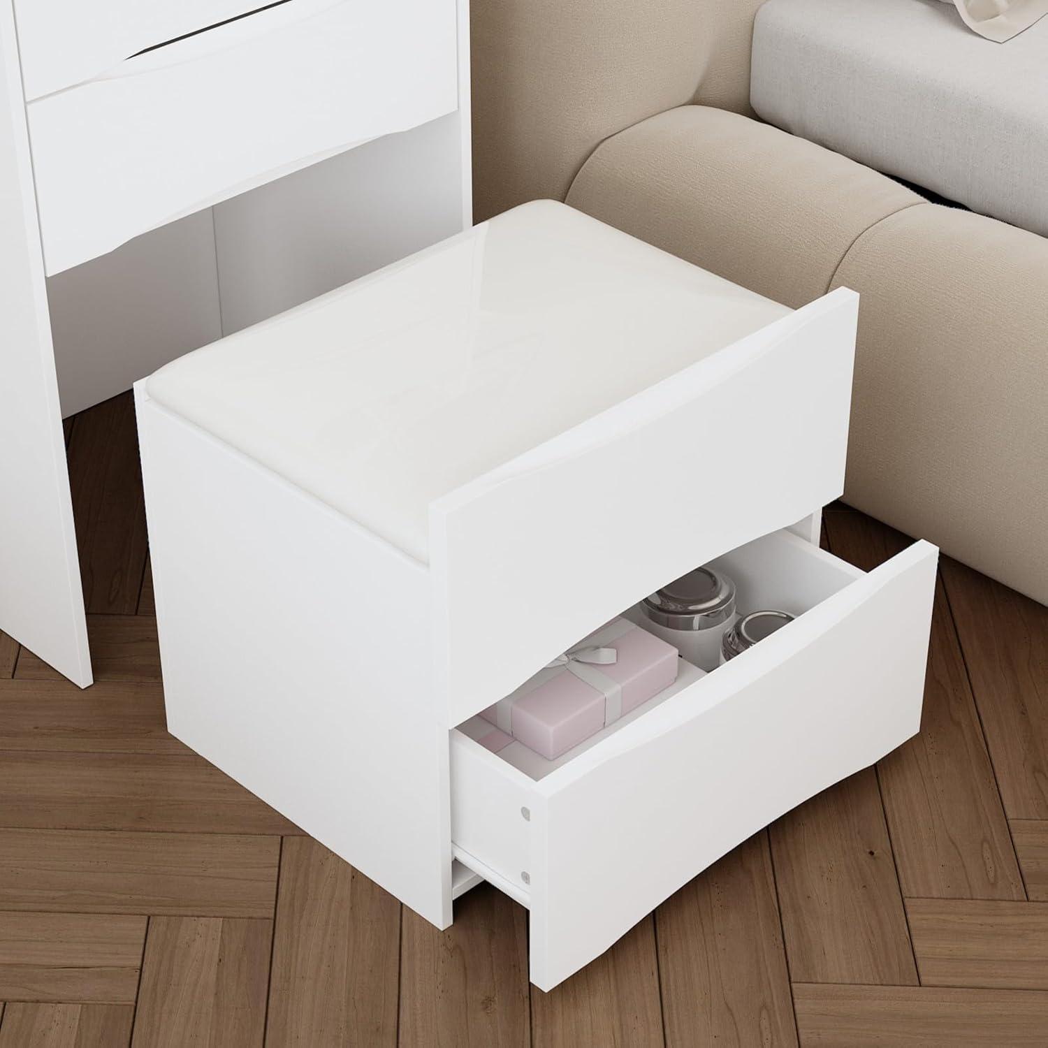 Joqixon Vanity Desk with Flip Top Mirror and Lights, Makeup Vanity Set with Glass Shelf, Space Saving Dressing Table with 3 Drawers & Cushion Stool for Bedroom, White