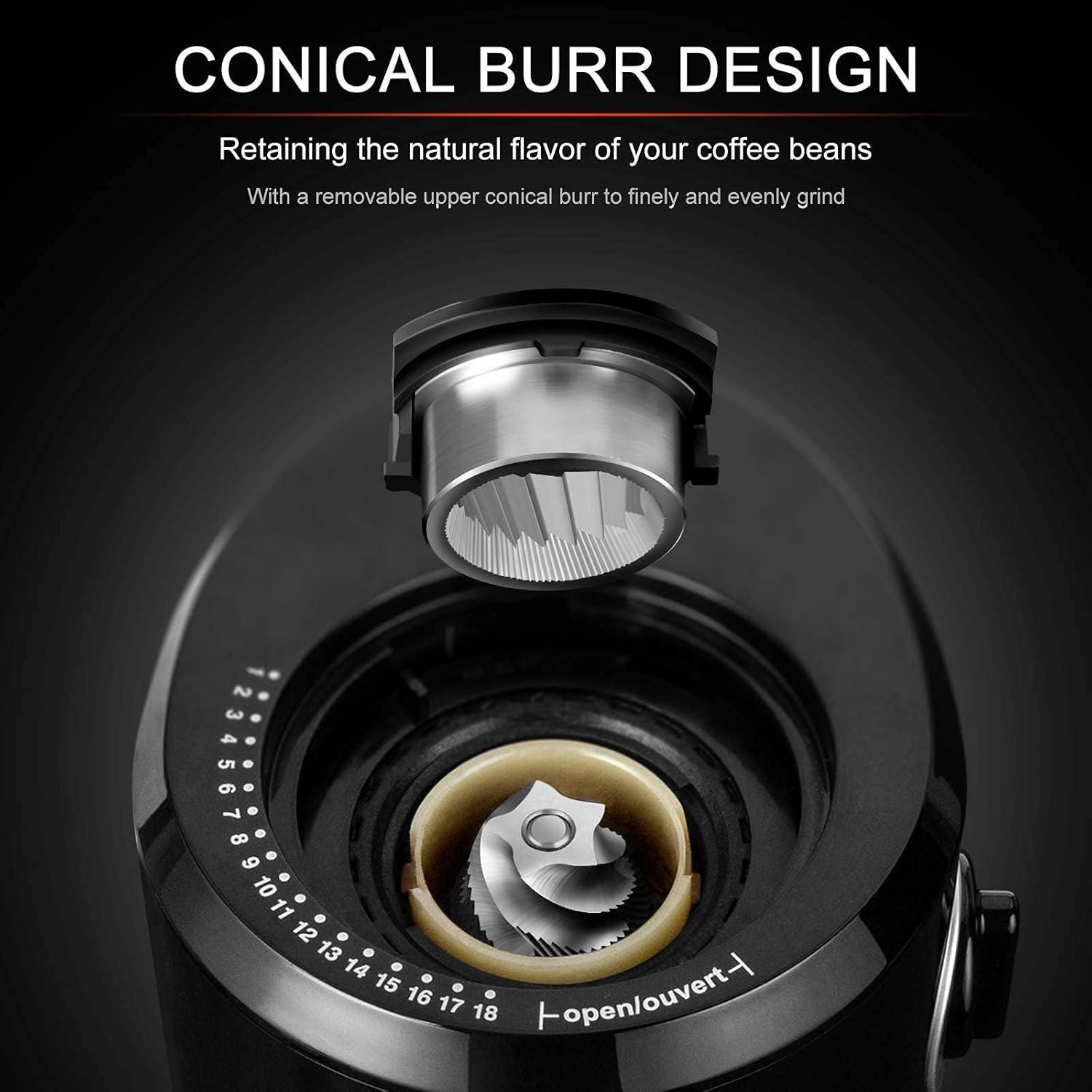 Secura Conical Burr Coffee Grinder, Electric Coffee Grinder with 18 Grind Settings, Adjustable Burr Mill Coffee Bean Grinder for 2-10 Cups