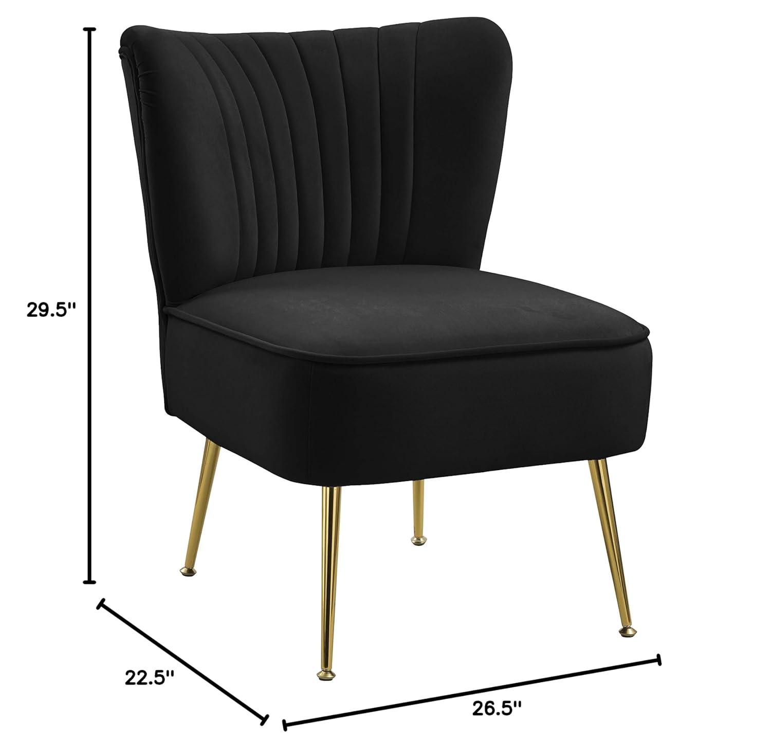 Meridian Furniture Tess Collection Modern | Contemporary Velvet Upholstered Accent Chair with Deep Channel Tufting and Custom Gold Steel Legs, 22.5" W x 26.5" D x 29.5" H, Black