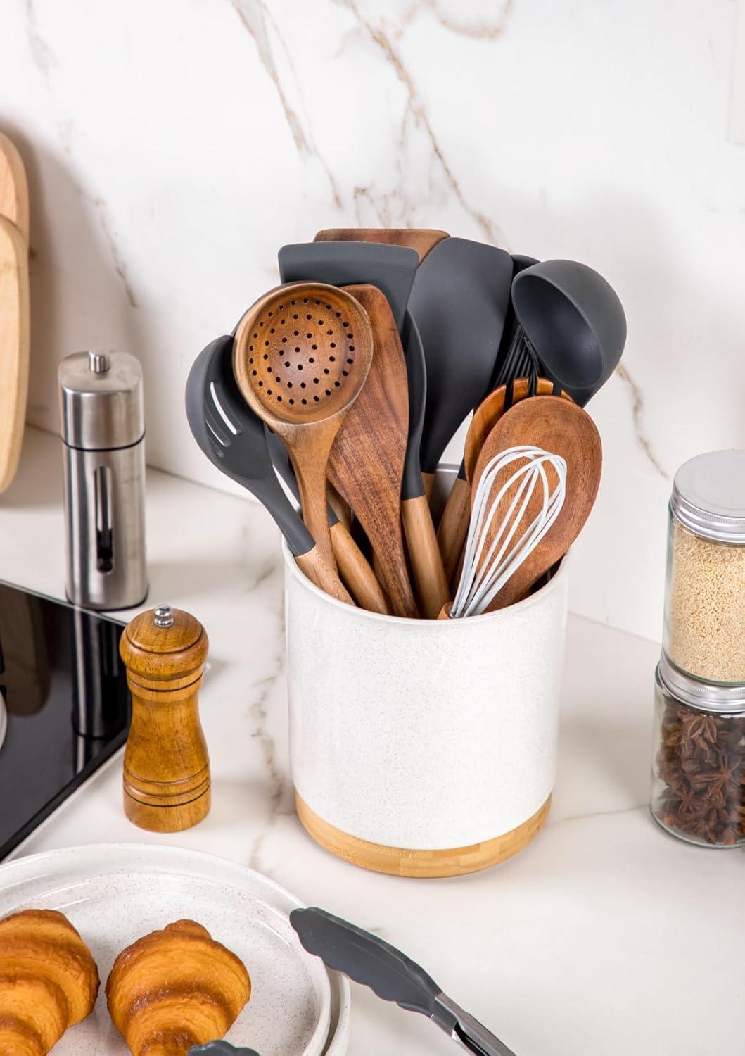 Sand Ceramic Rotating Utensil Holder with Cork Bottom