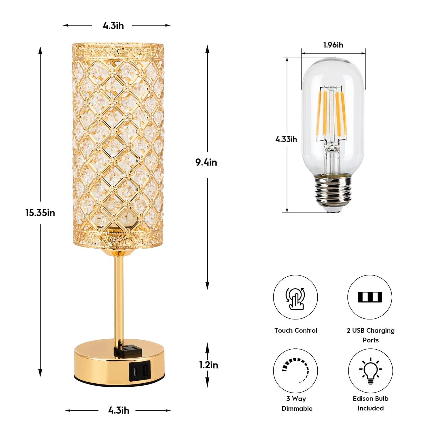 USB Crystal Table Lamp, Gold Table Lamp USB A+C Charging Ports&Multiple Outlet,3 Way Dimmable Bedside Lamp Decorative Modern Nightstand Lamp with Bulb for Living Room Bedroom Sofa Table