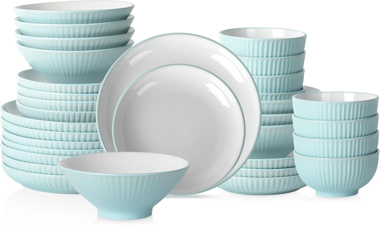 Teal Ribbed Ceramic 32-Piece Dinnerware Set for 8