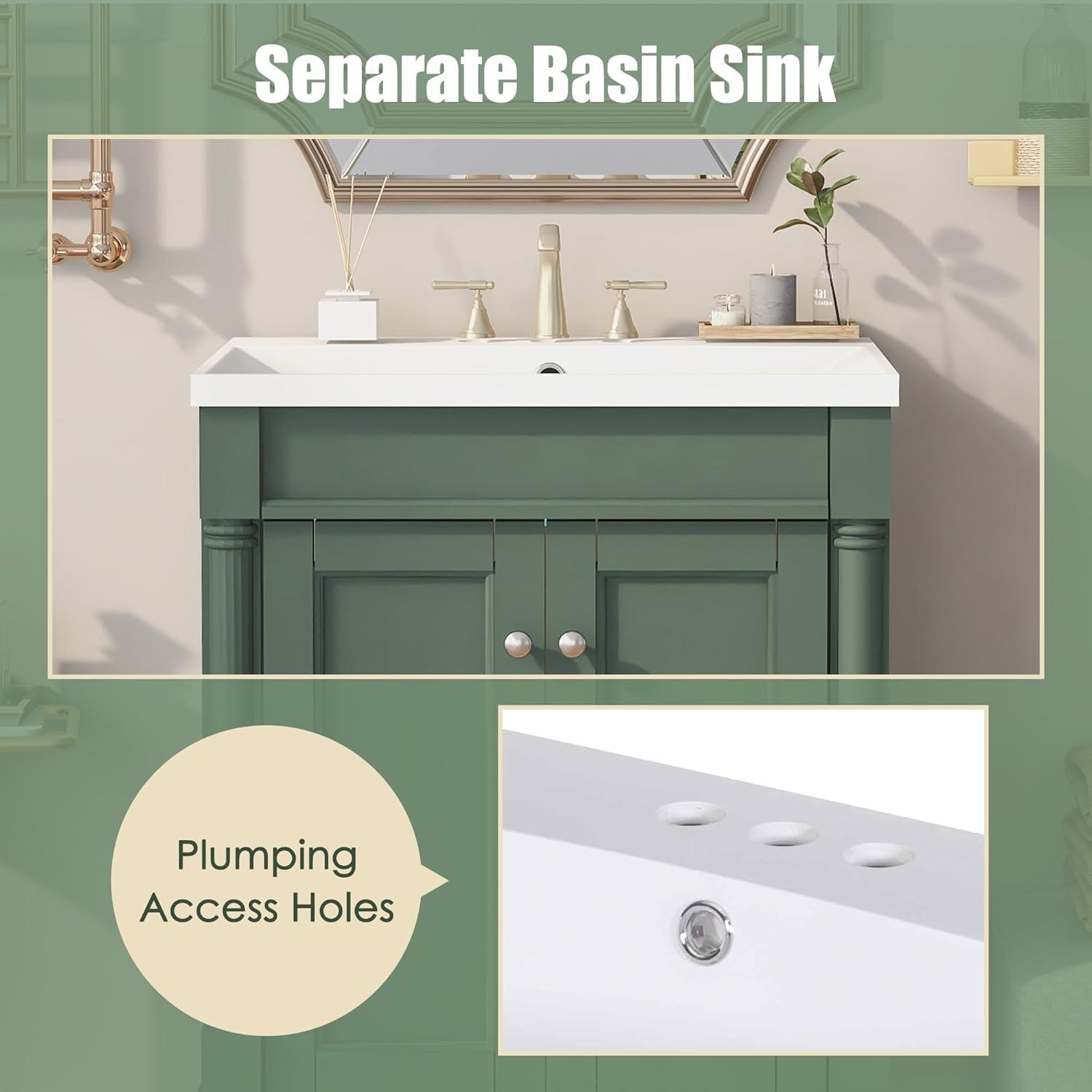 Green Shaker Style Bathroom Vanity with Tempered Glass Top