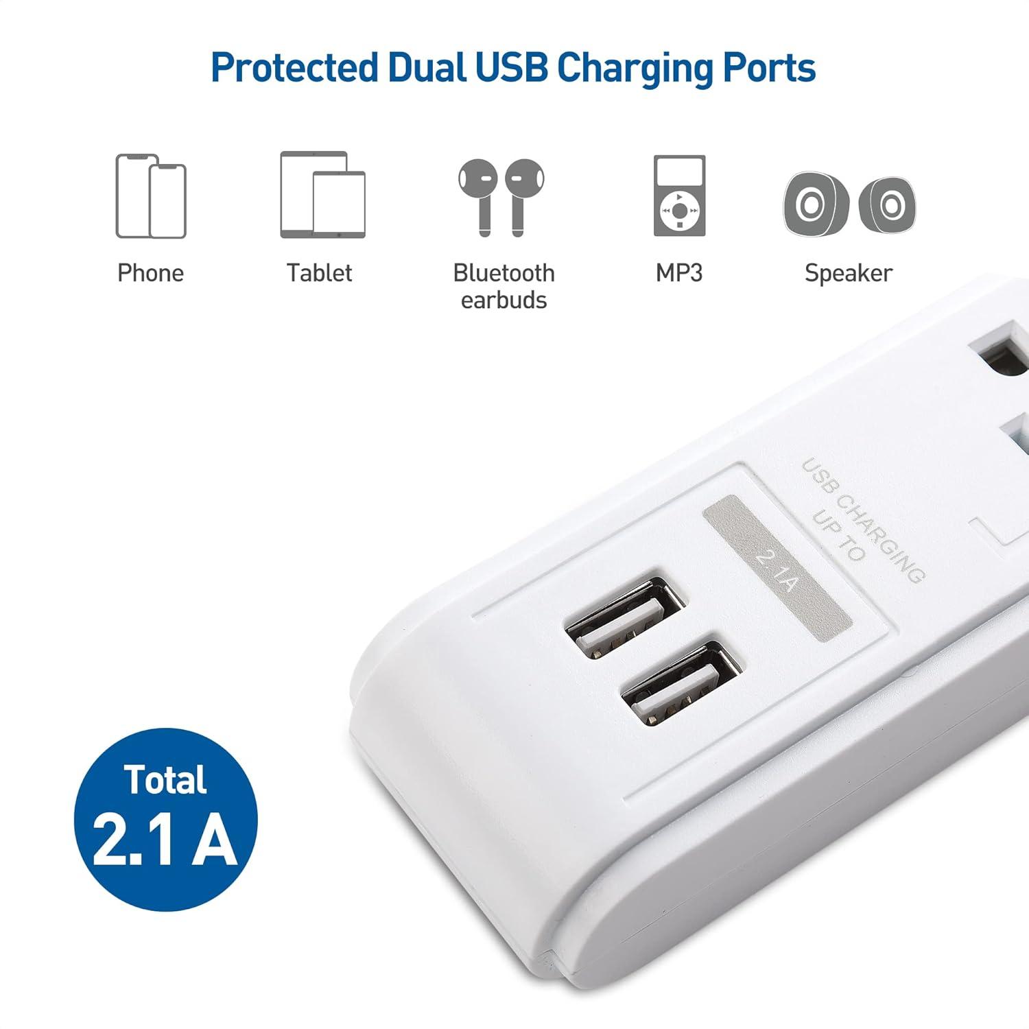 White 6-Outlet Surge Protector Power Strip with USB Ports, 8 ft Cord