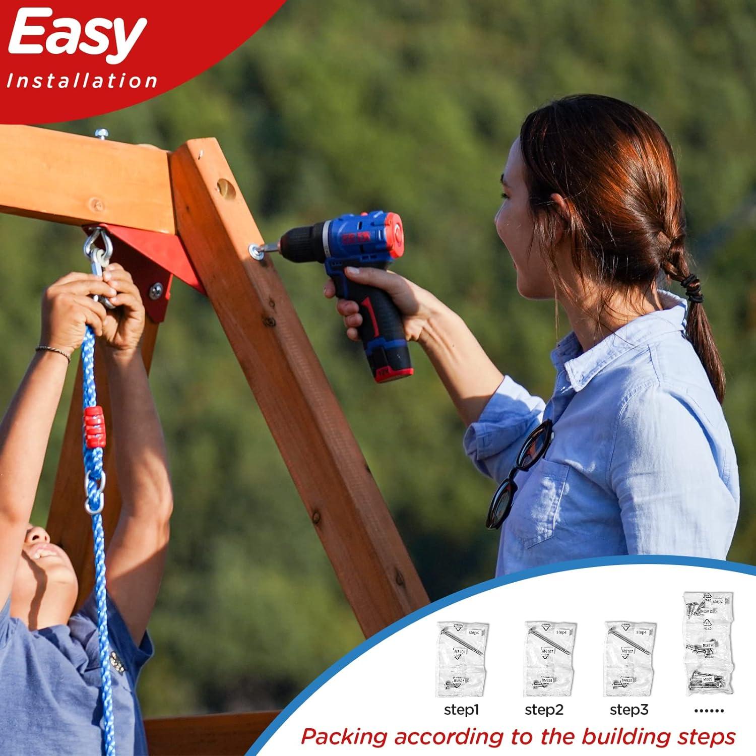 Dolphin Playground Wooden Swing Sets for Backyard, Family DIY Kit for Any Swings, Outdoor Playset for Kids with Trapeze Swing Bar and 2 Belt Swings, Heavy Duty Playground Accessories, Ages 3-10