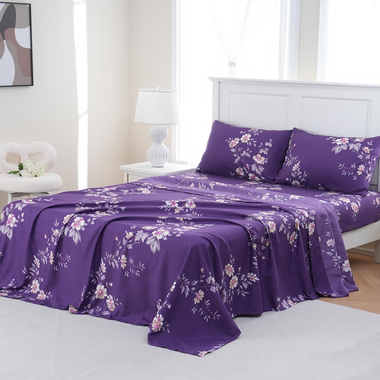 MEISHANG Twin Sheet Set - Floral Sheets Deep Pocket Ultra Soft Brushed Microfiber with Up to 16" Mattresses - Wrinkle Free - 3 Pieces(Twin,Purple Floral)
